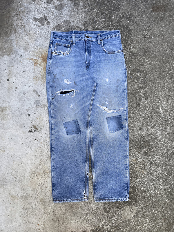 Carhartt B155 Patched Worn In Blue Fleece-Lined Denim (30X28)