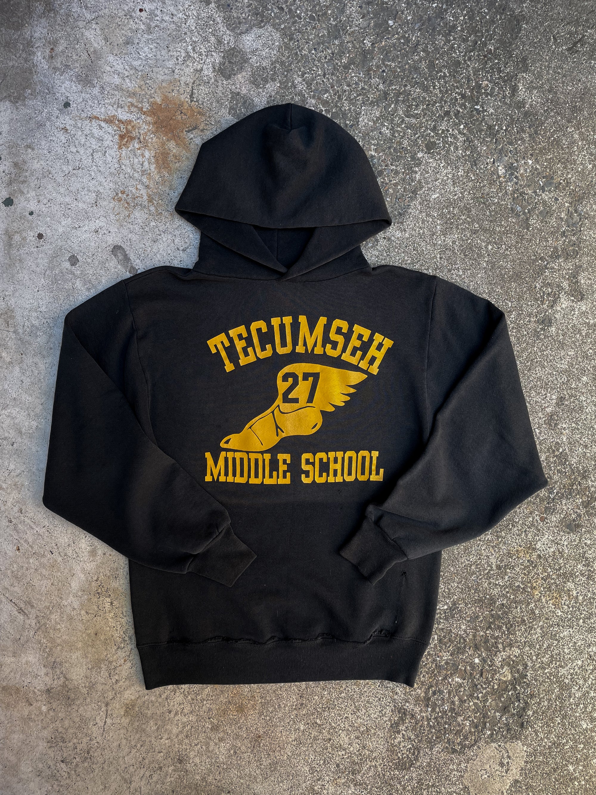 1980s Faded Black “Tecumseh Middle School” Removed Pocket Hoodie (XS/S)