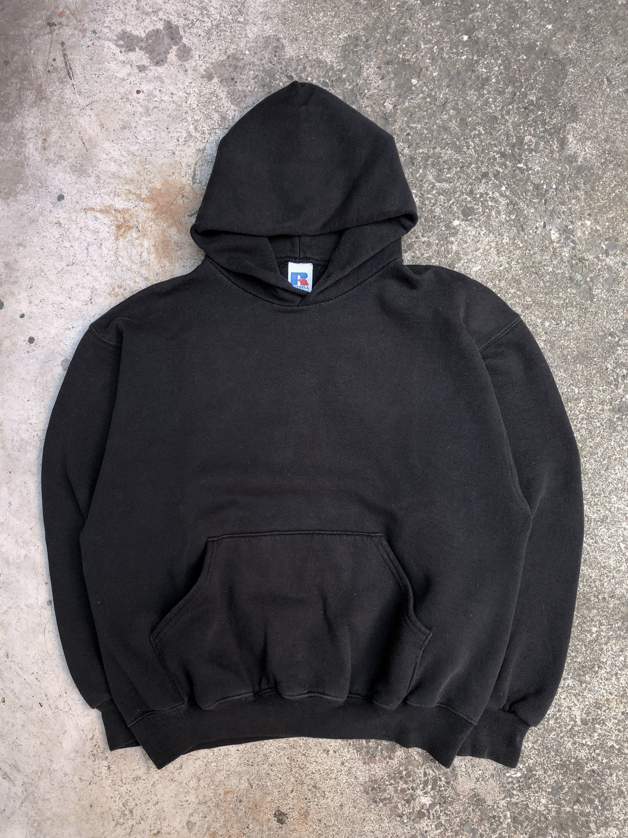 1990s Russell Faded Black Blank Hoodie Sweatshirt (S/M)