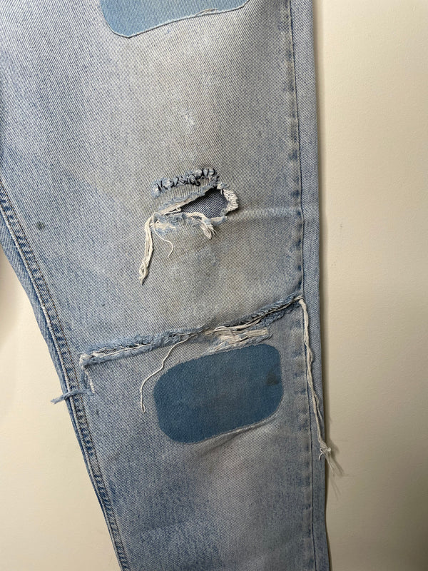 Carhartt B18 Patched Repaired Faded Blue Denim (37X33)