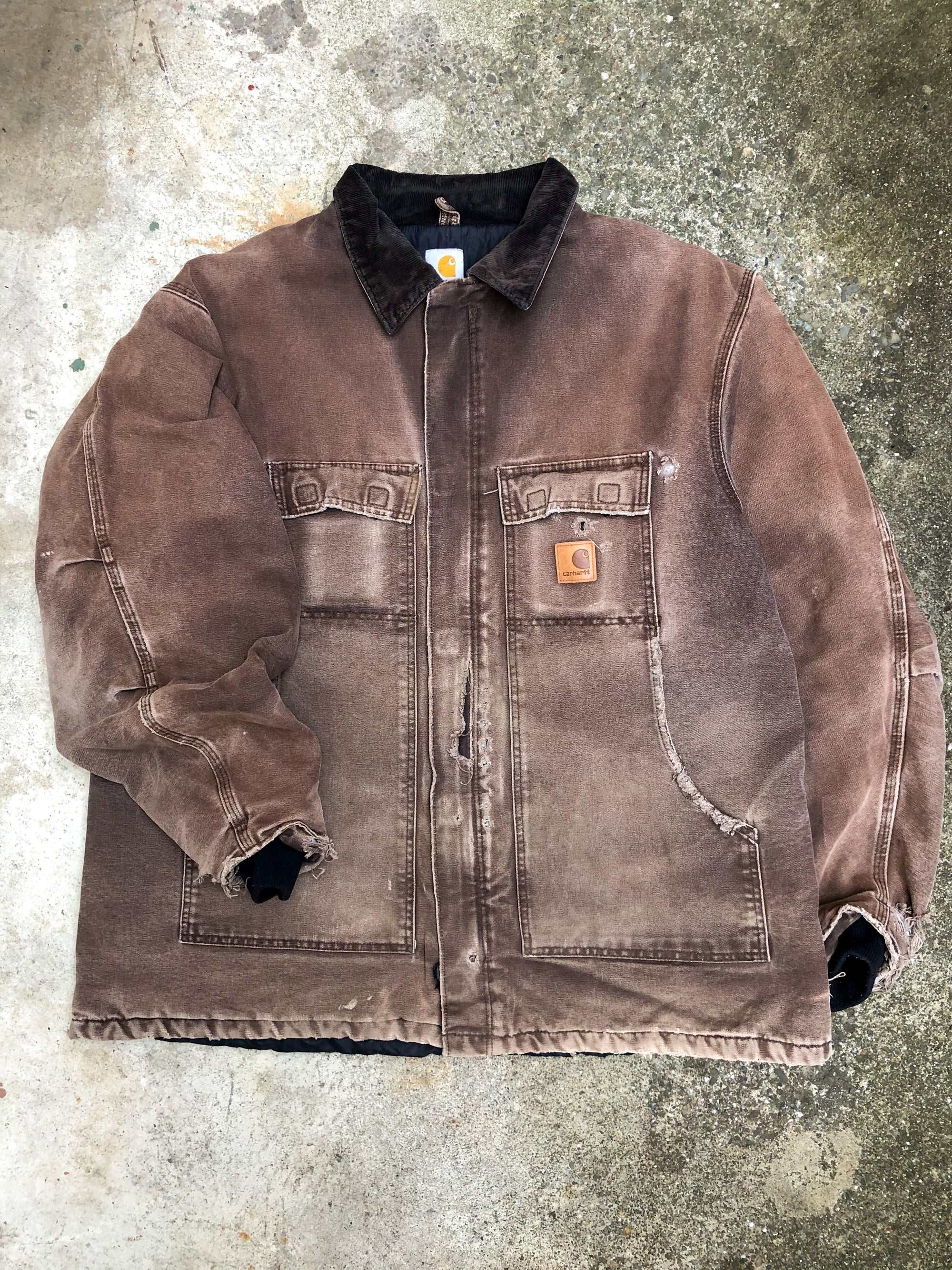 1990s Carhartt Faded Dark Brown Quilted Arctic Jacket (XXL)