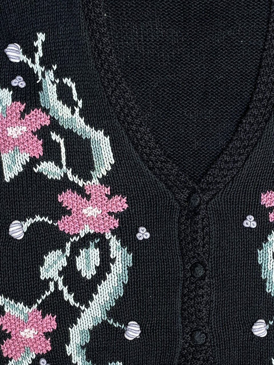 1990s Black Floral Knit Cardigan (M)