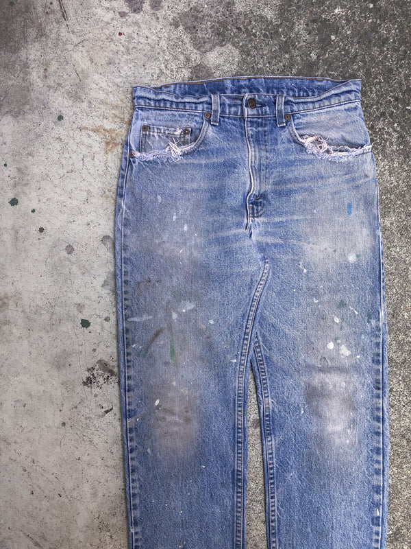 1980s Levis Painted Faded Blush Blue 505 Released Hem (30X29)