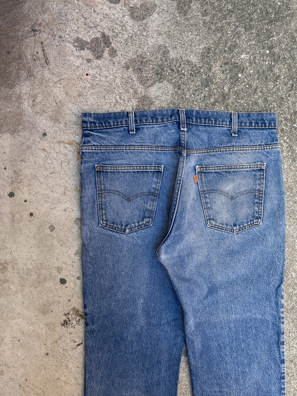 1970s Orange Tab Levis Worn In Blue 646 (36X27)