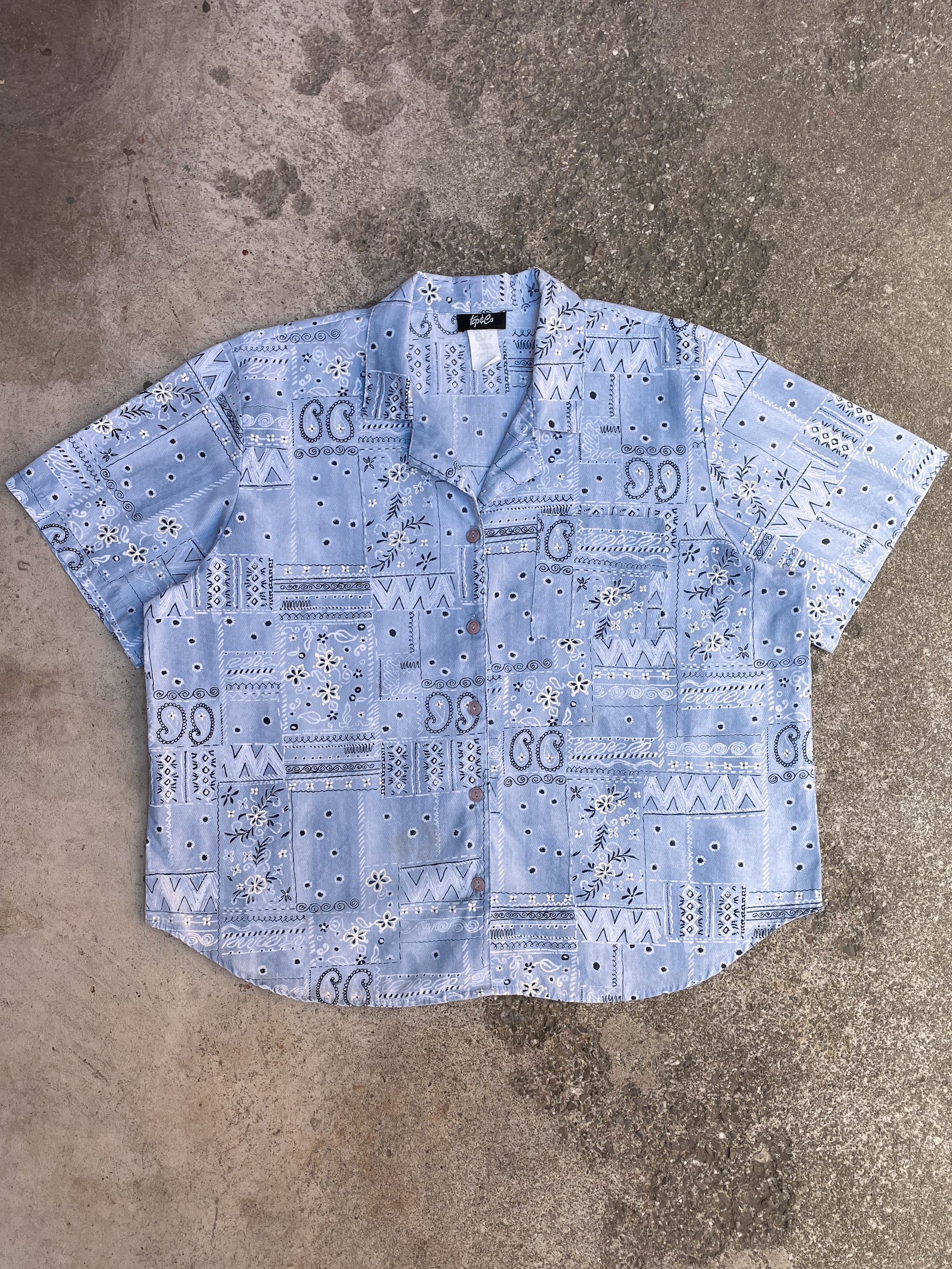 1980s Blue Paisley Boxy Camp Collar Shirt (XL)