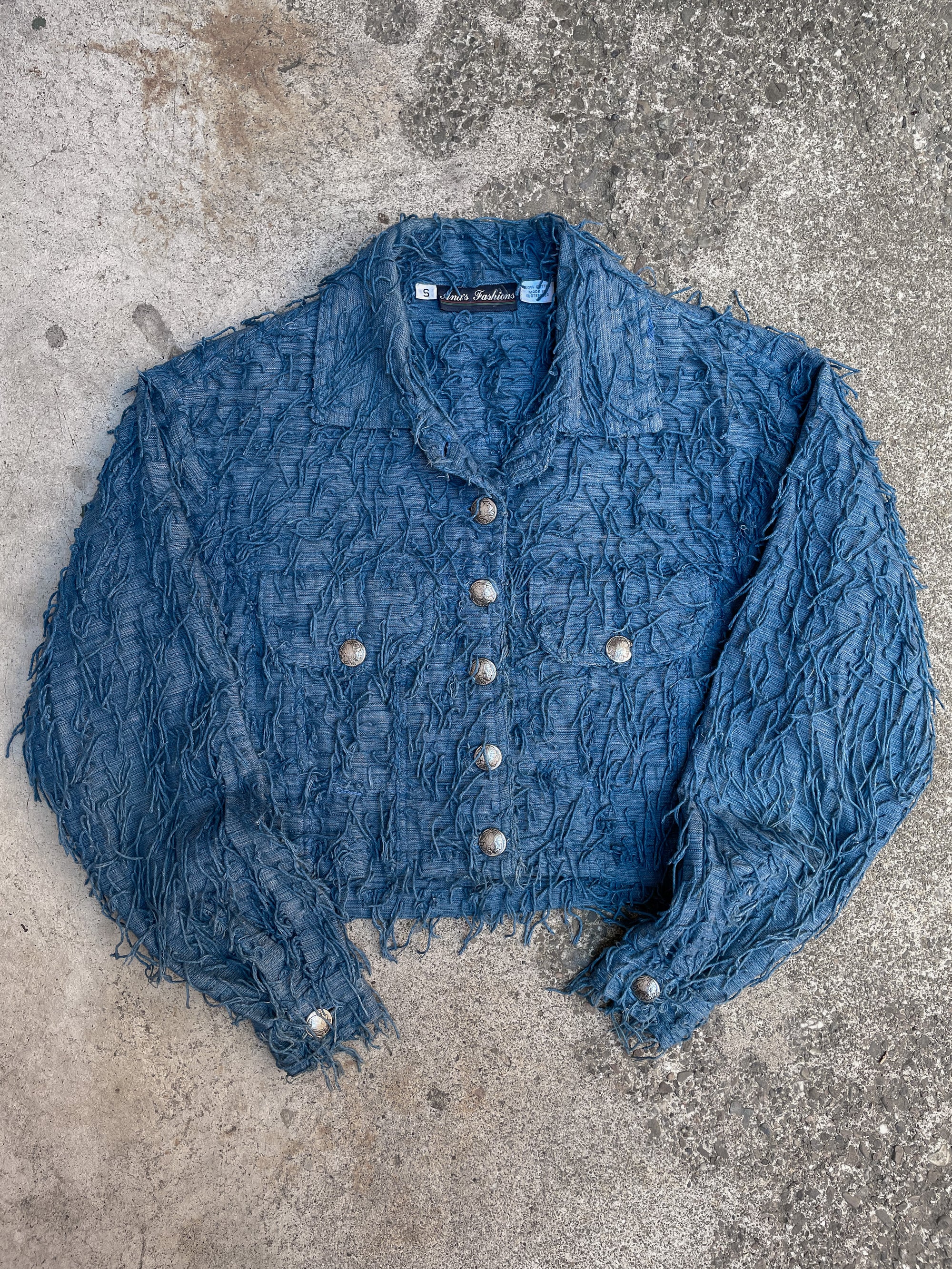 1970s Blue Woven Cropped Fringe Jacket