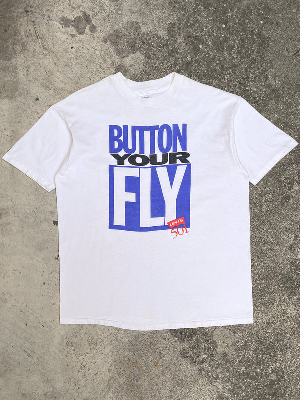 1990s “Button Your Fly” Levi’s Single Stitched Hanes Beefy Tee (L/XL)