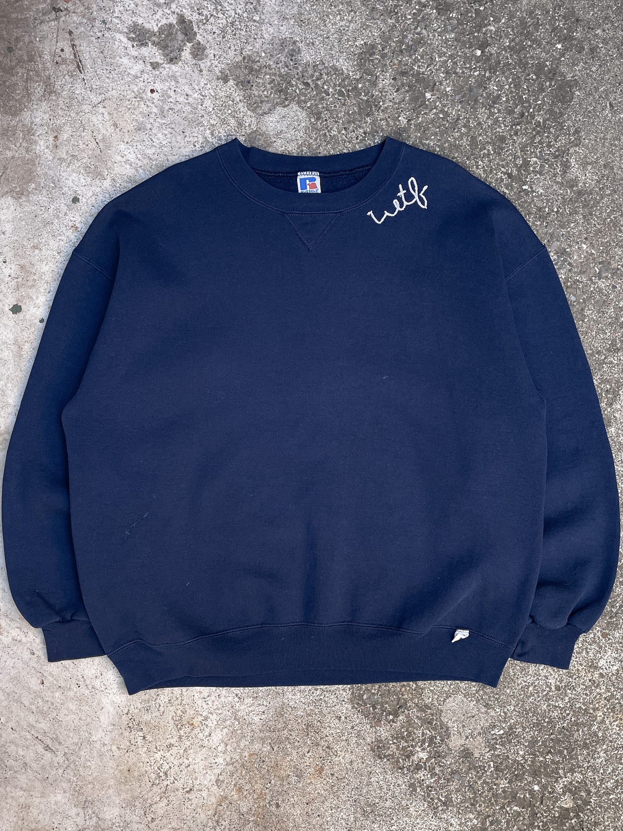 1990s Russell Navy “WTF” Chain Stitched Sweatshirt