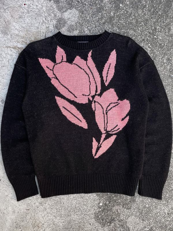 1980s Black Floral Knit Sweater