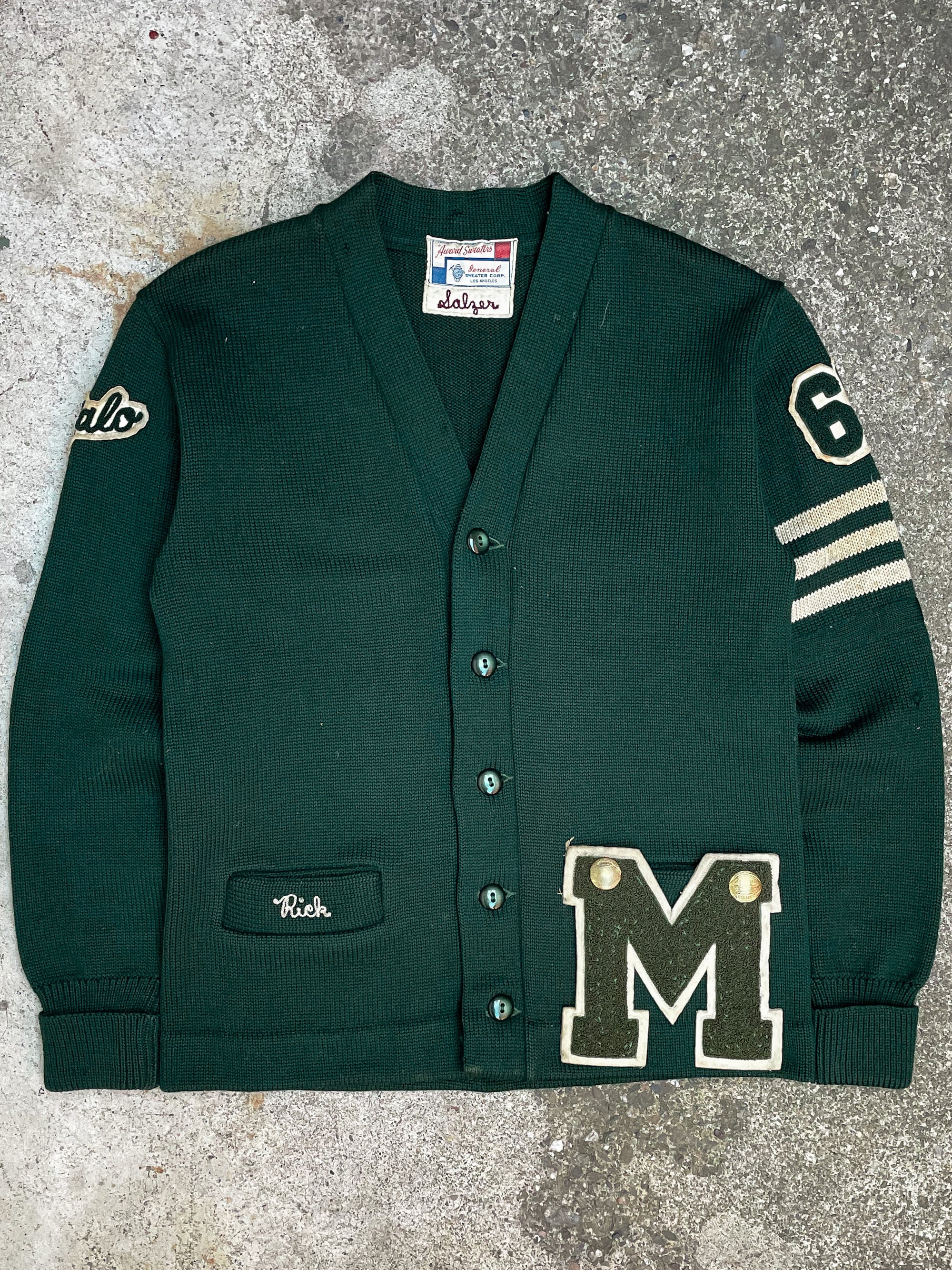 1960s Forest Green “Buffalo” Chain Stitched Letterman Cardigan