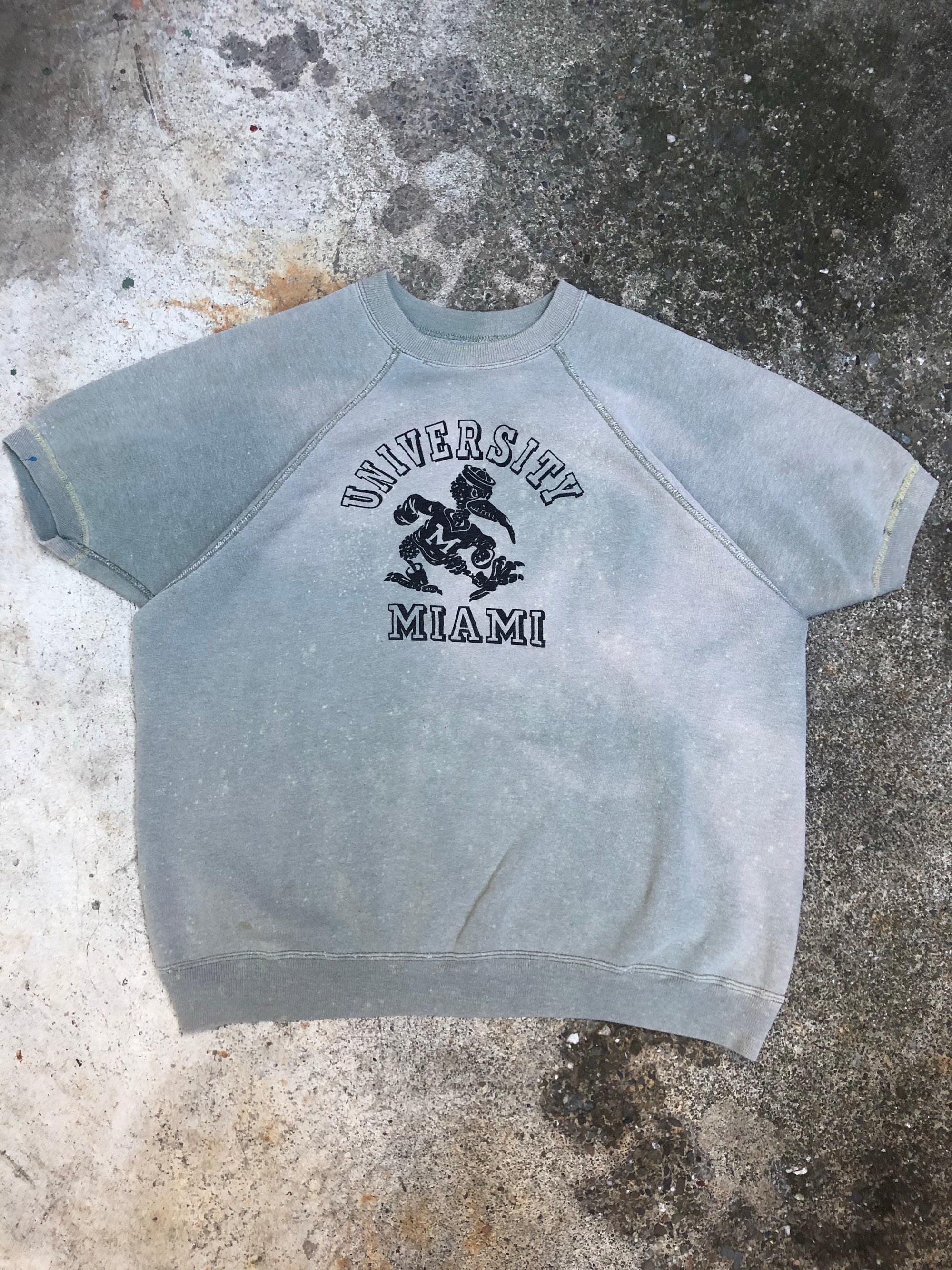1960s Sun Faded Green “University Miami” Raglan Short Sleeve Sweatshirt