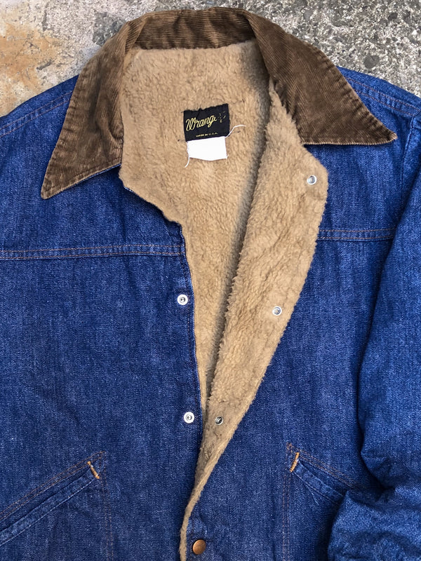 1980s Wrangler Corduroy Collar Blue Denim Sherpa Lined Work Jacket (M)