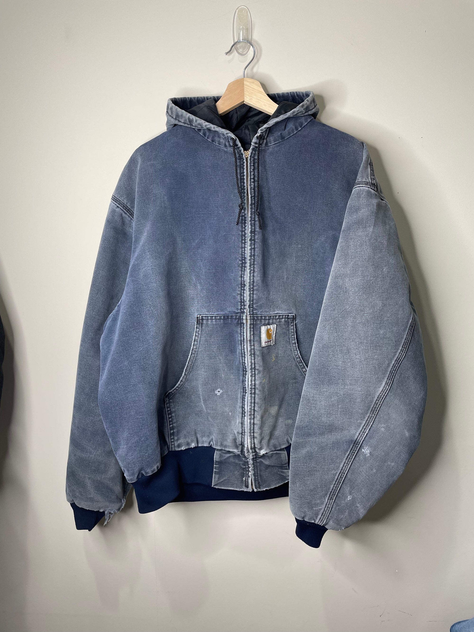 1990s Carhartt Sun Faded Blue Hooded Work Jacket (XXL)