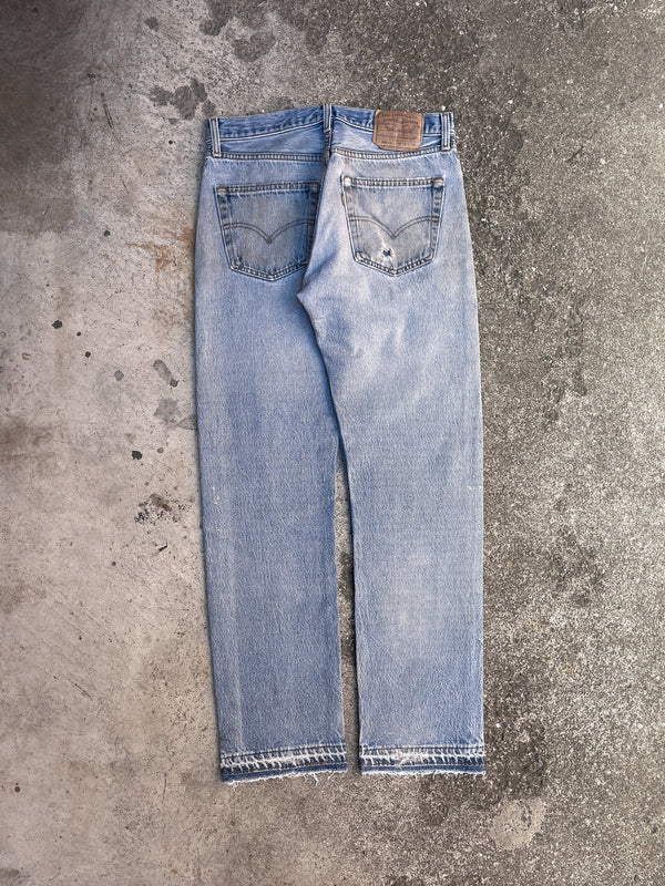 1990s Levi’s Distressed Faded Blue 501XX Released Hem (30X31)