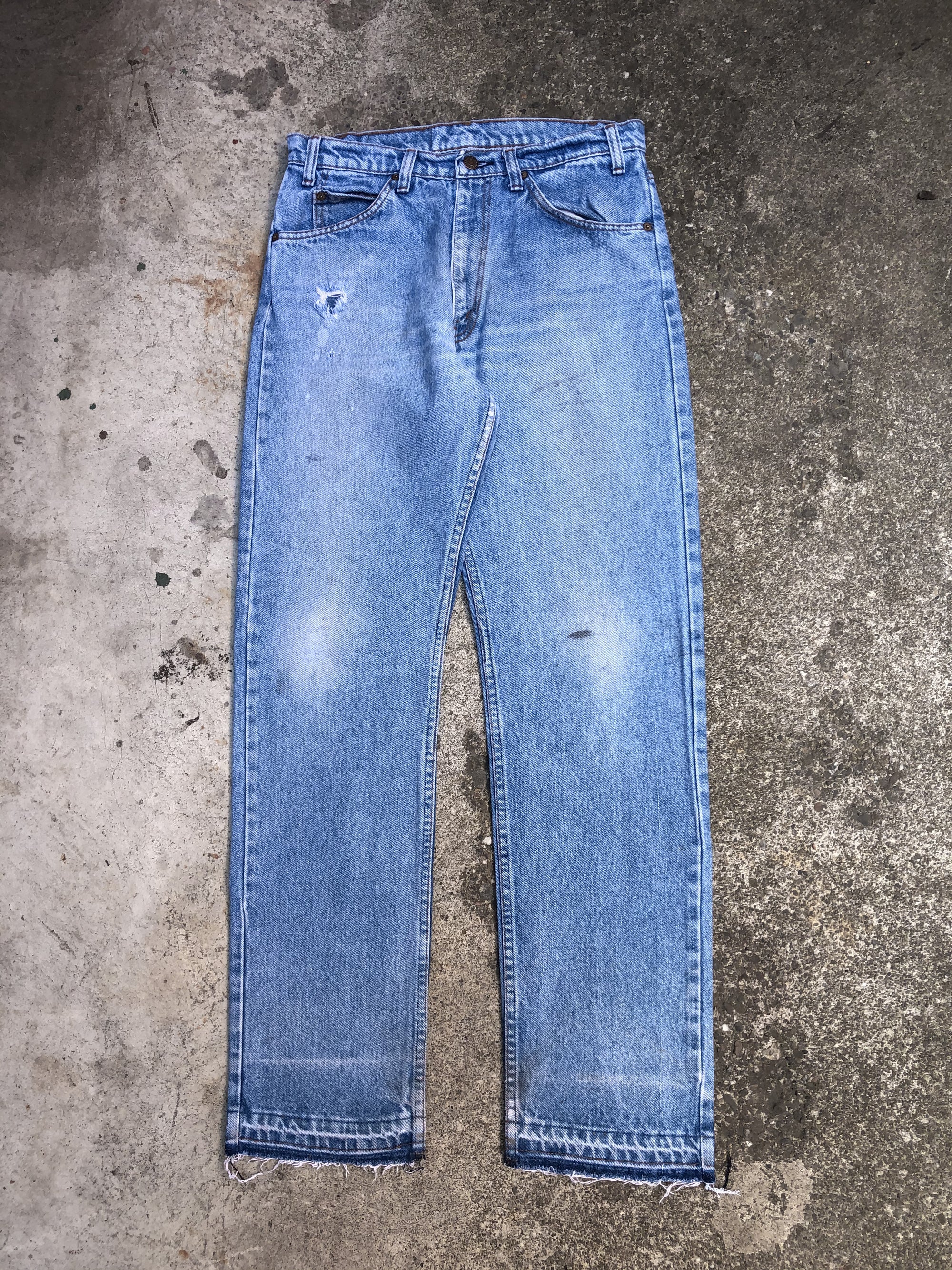 1980s Orange Tab Levis Repaired Faded Blue 505 Released Hem (30X31)