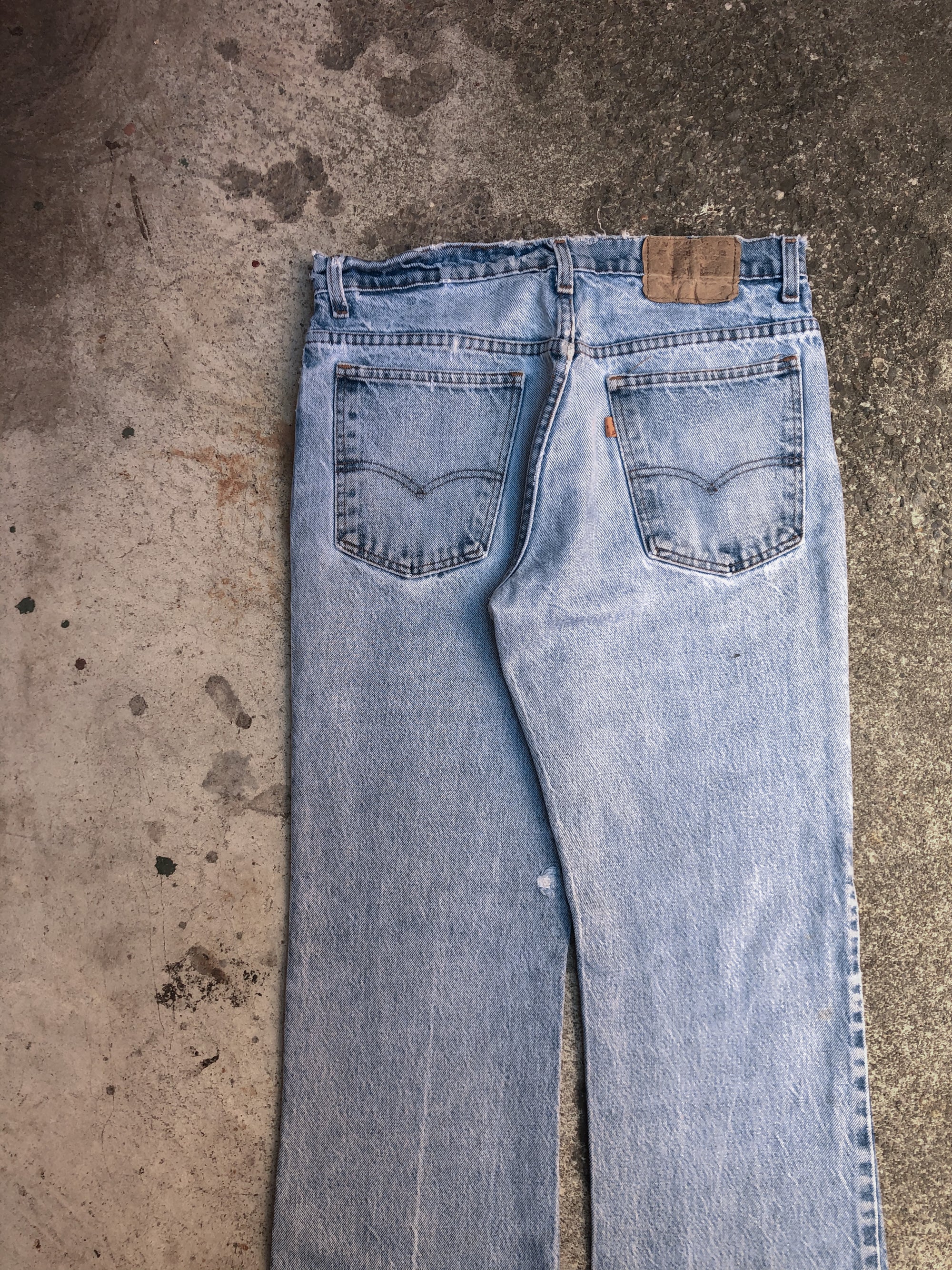 1970s Orange Tab Levis Distressed Faded Blue Flared Denim (31X30)