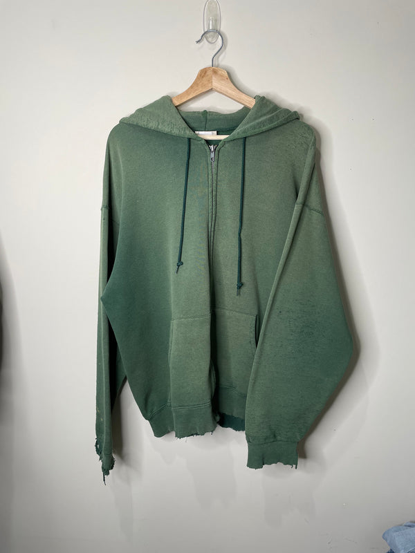 1990s Distressed Sun Faded Green Zip Up Hoodie (L)