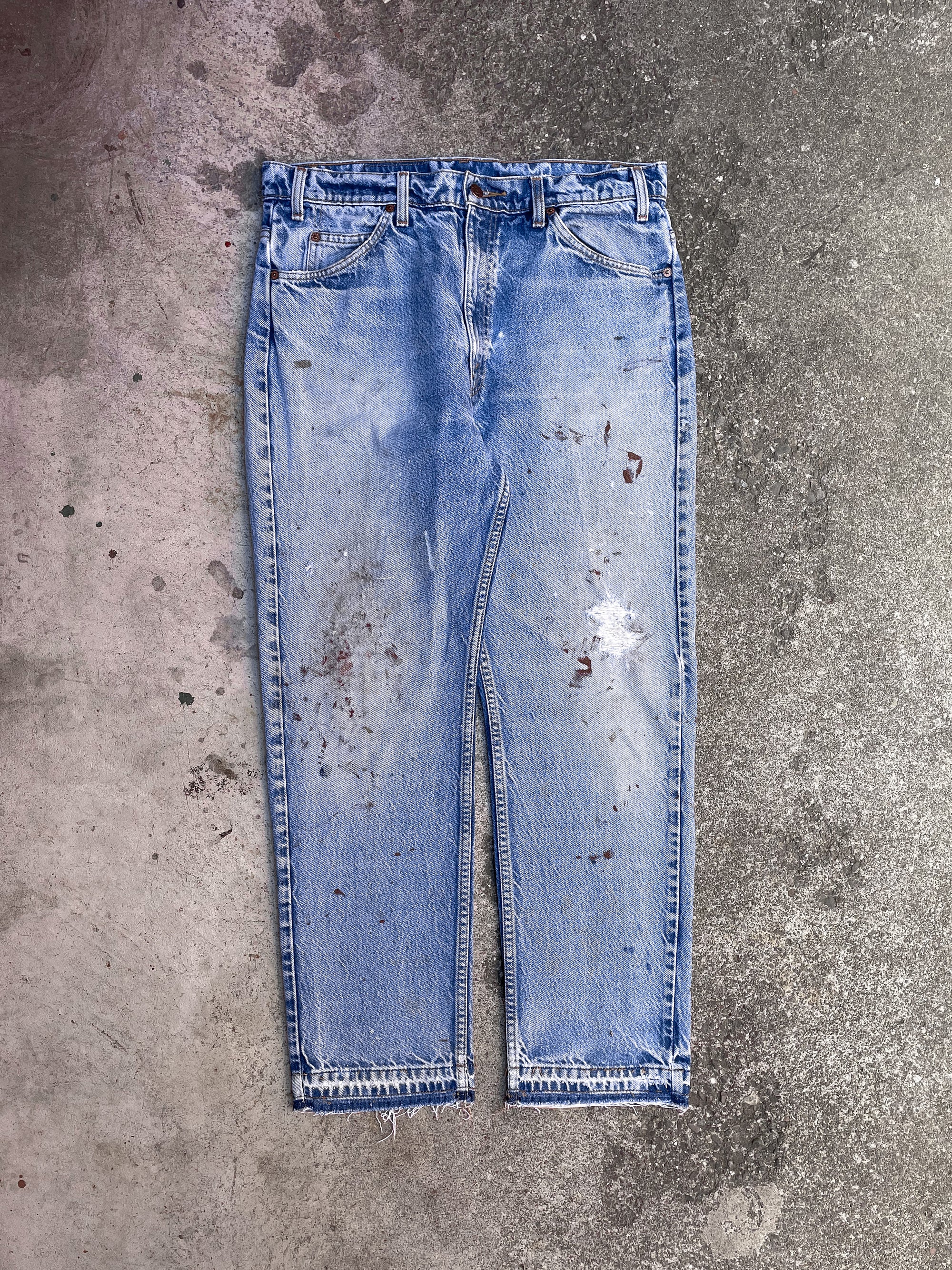 1990s Orange Tab Levi’s Painted Distressed Blue 505 Released Hem (34X29)