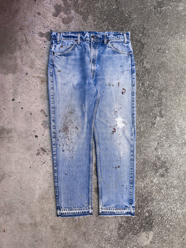 1990s Orange Tab Levi’s Painted Distressed Blue 505 Released Hem (34X29)