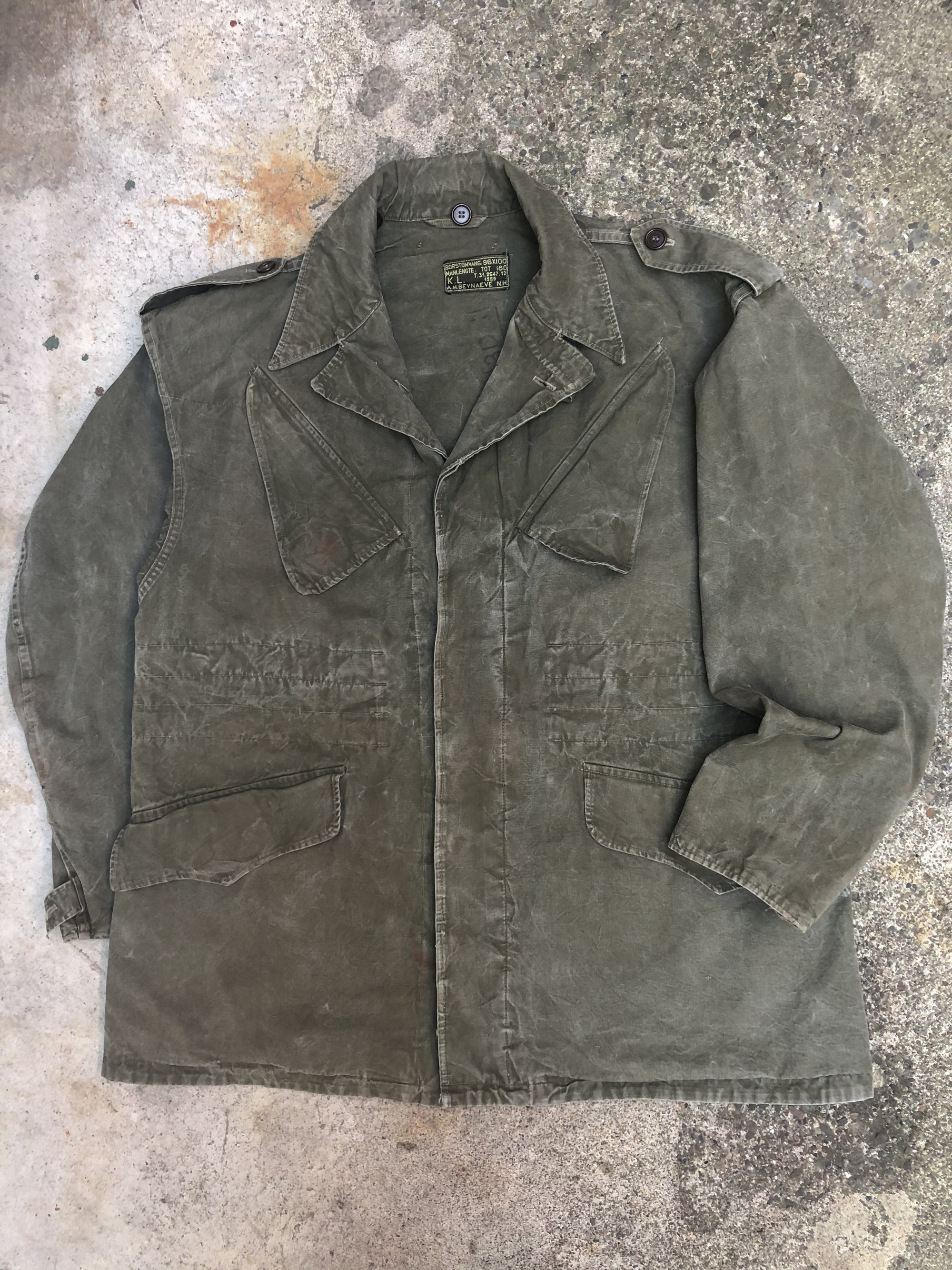 1950s Repaired Faded Green Dutch Military Field Jacket