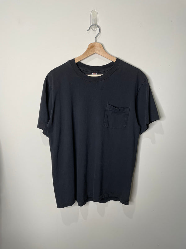 1990s Faded Black Blank Single Stitched Pocket Tee (M)