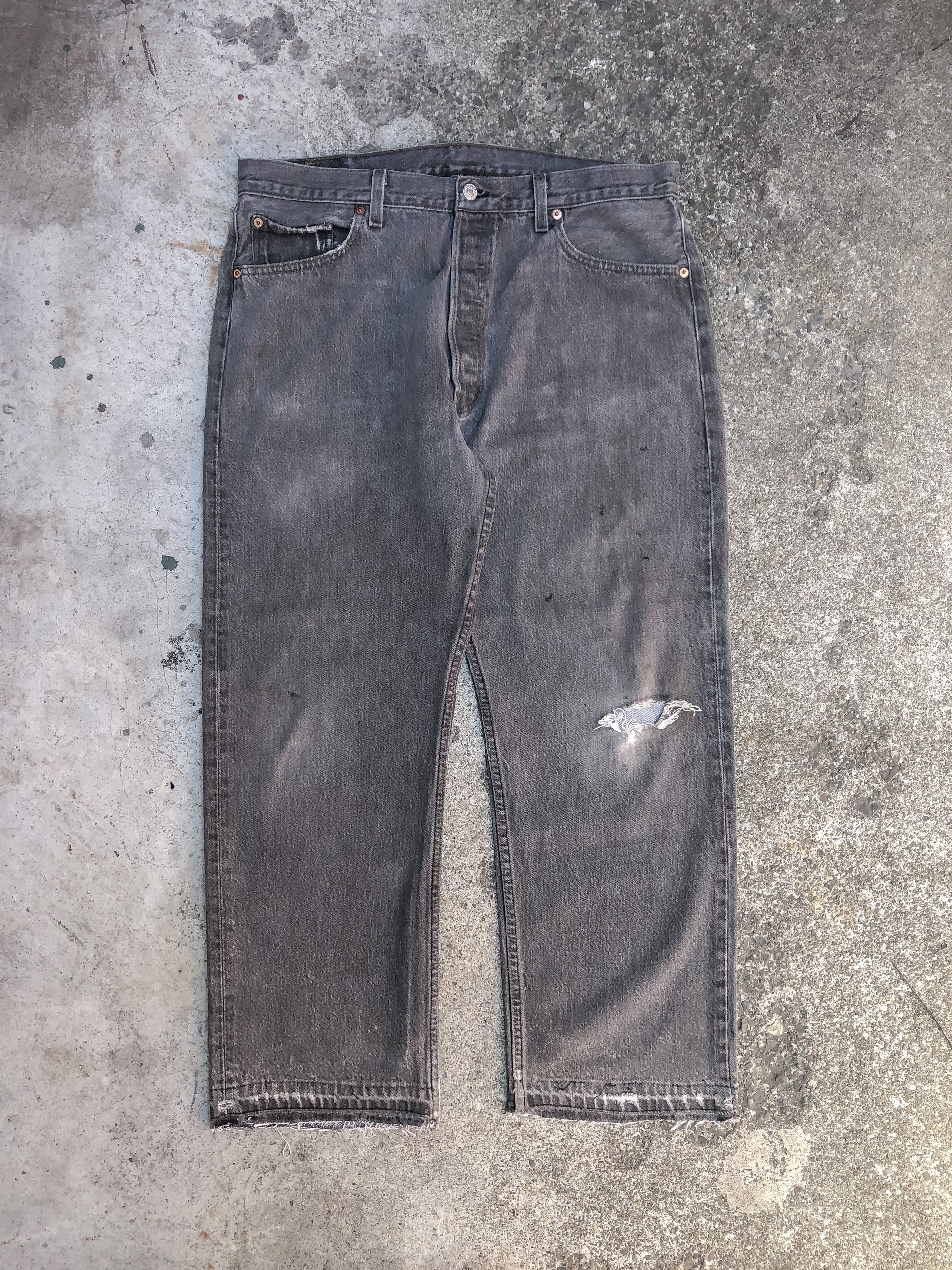 1990s Levis Worn In Grey 501 Released Hem (36X26)