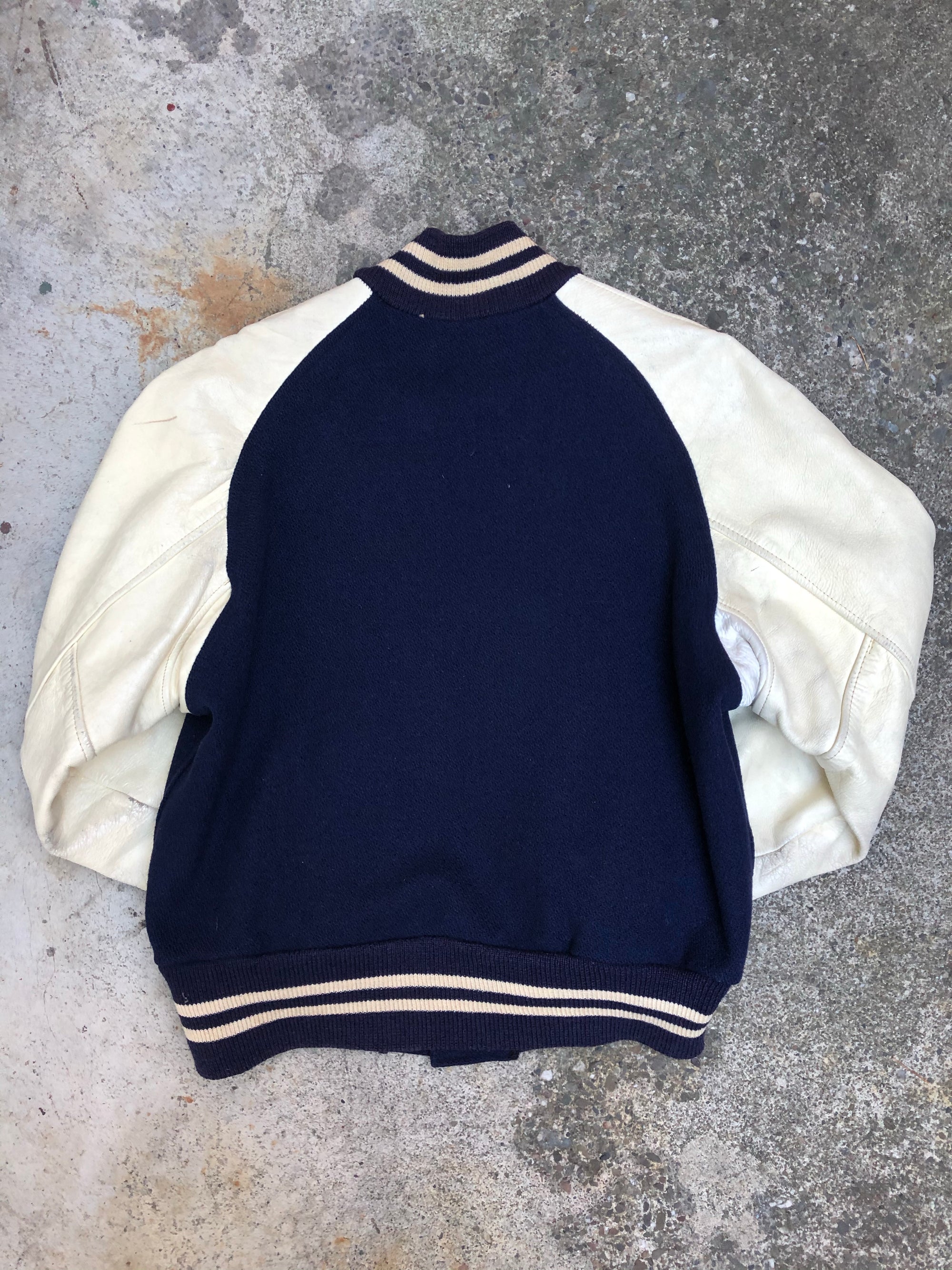 1970s Chain Stitch Navy Cream Leather Varsity Jacket