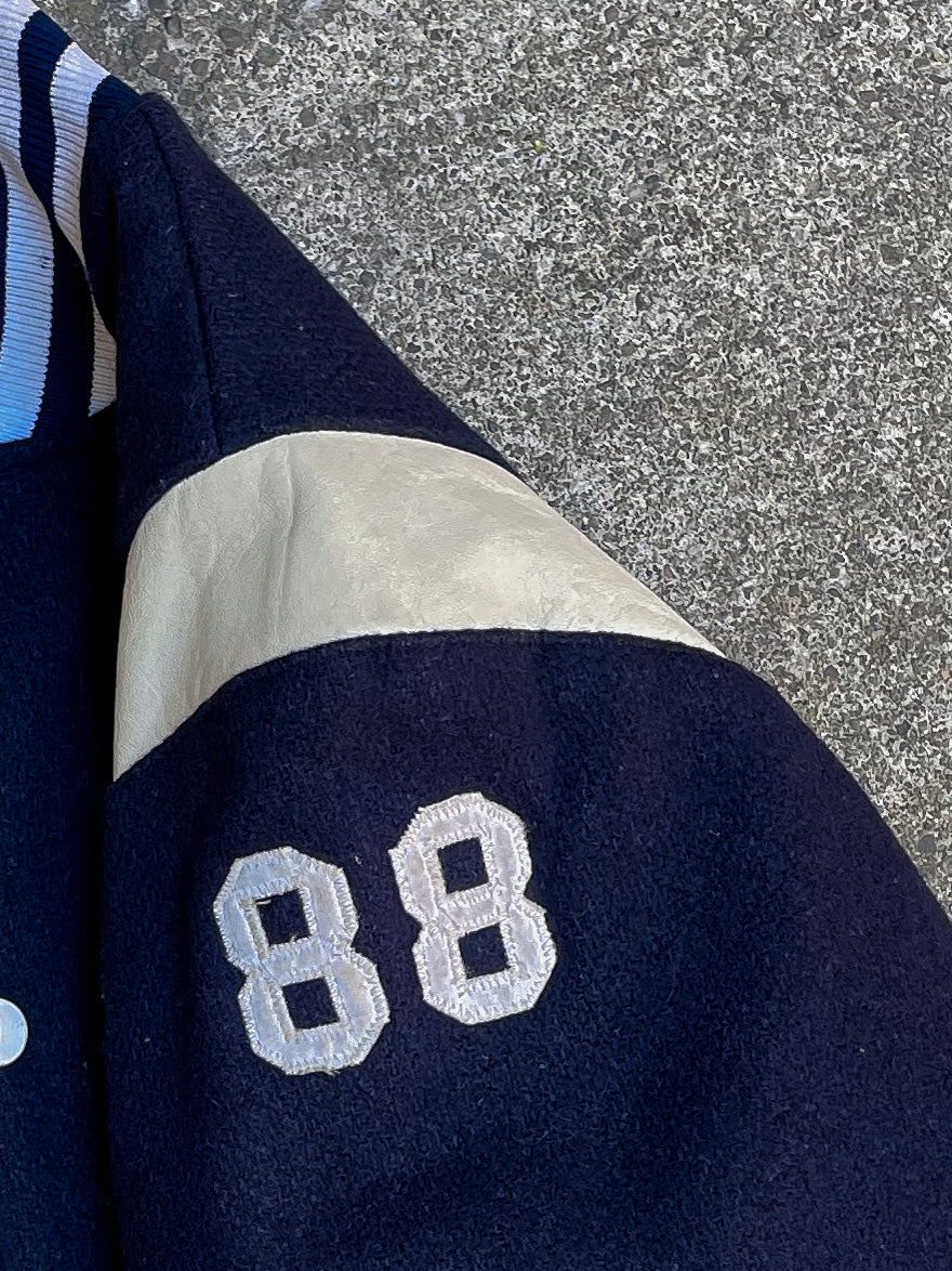 1980s Navy “Salisbury” Chain Stitched Wool Varsity Jacket