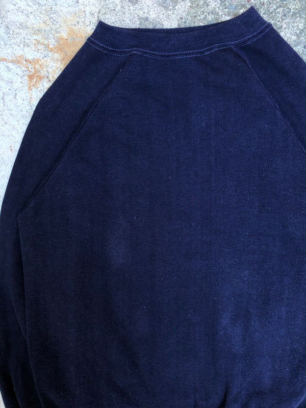 1970s Faded Navy Blue Blank Raglan Sweatshirt (S)