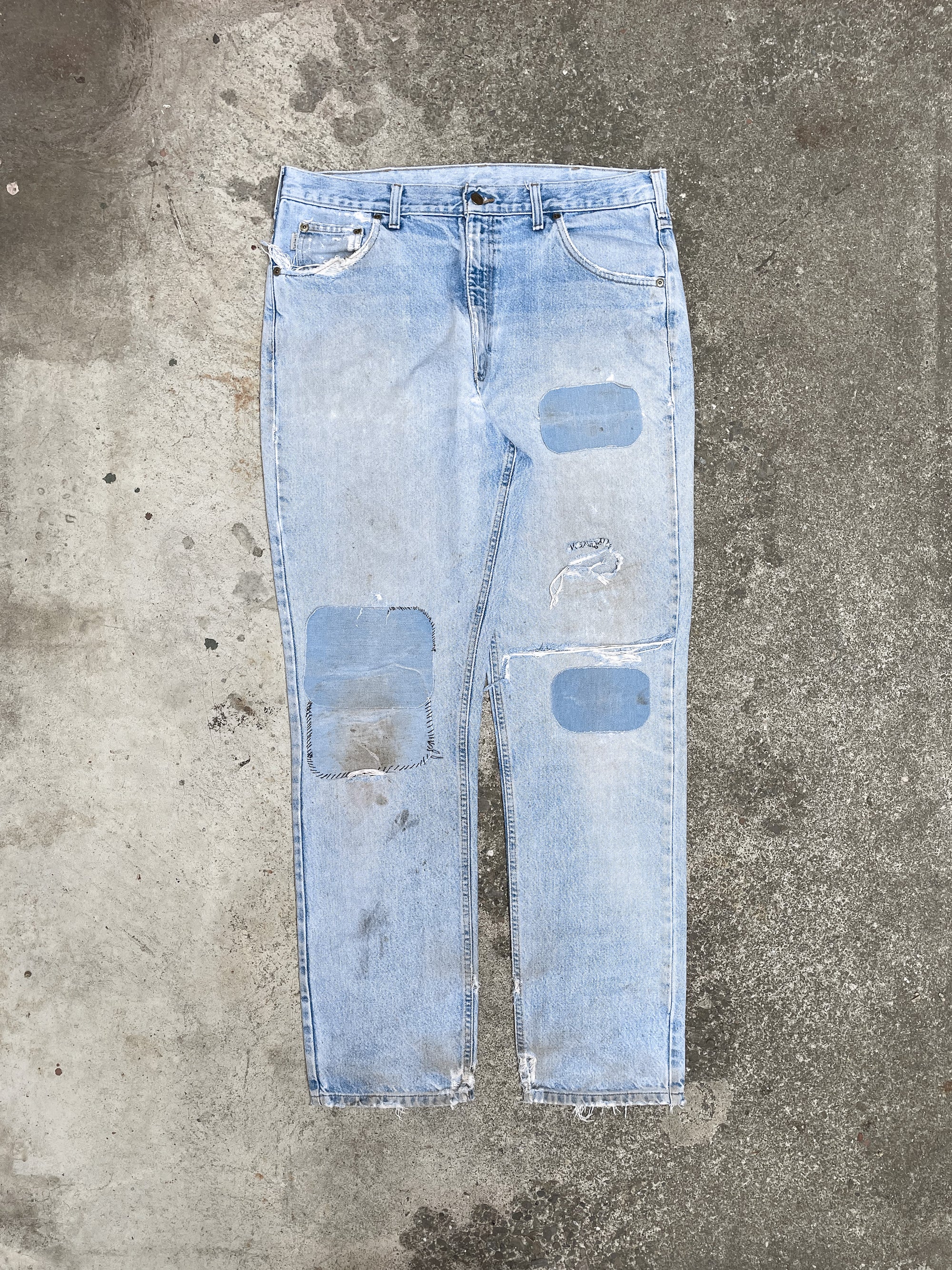 Carhartt B18 Patched Repaired Faded Blue Denim (37X33)