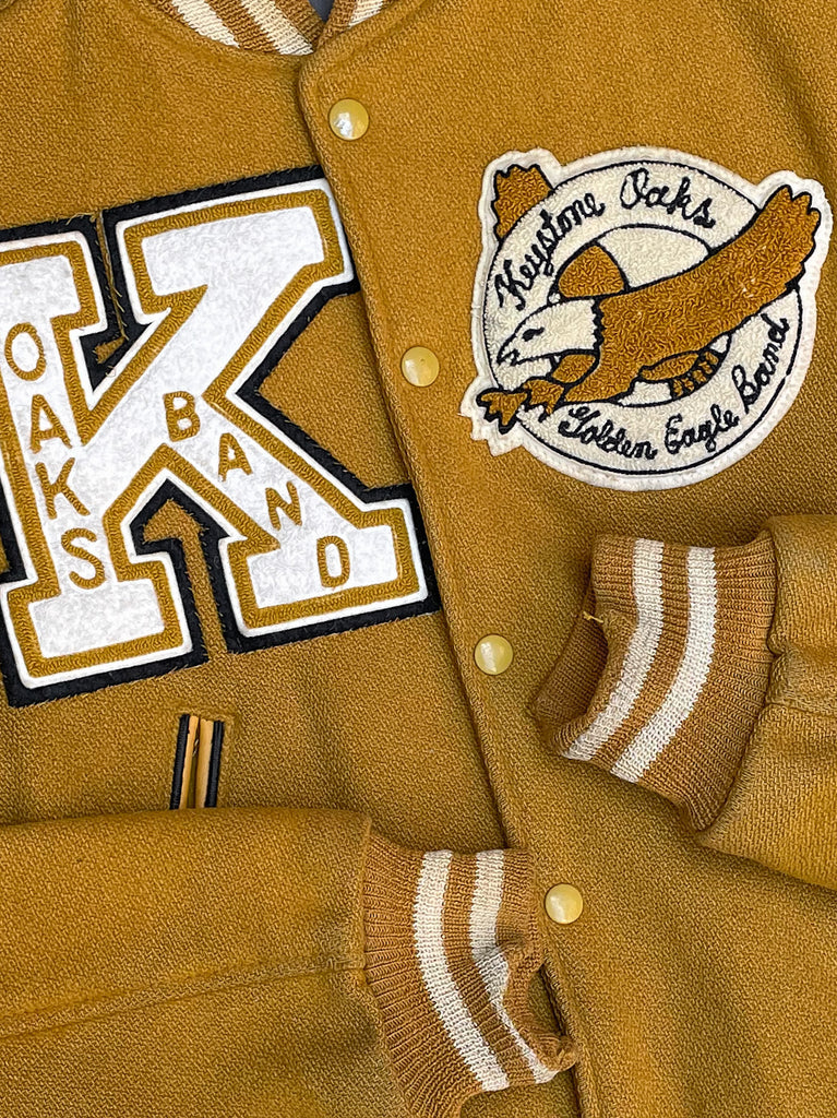 1960s “Keystone Oaks” Faded Mustard Varsity Jacket DAMAGED GLITTER