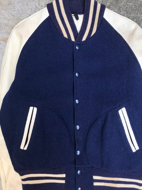 1970s Chain Stitch Navy Cream Leather Varsity Jacket