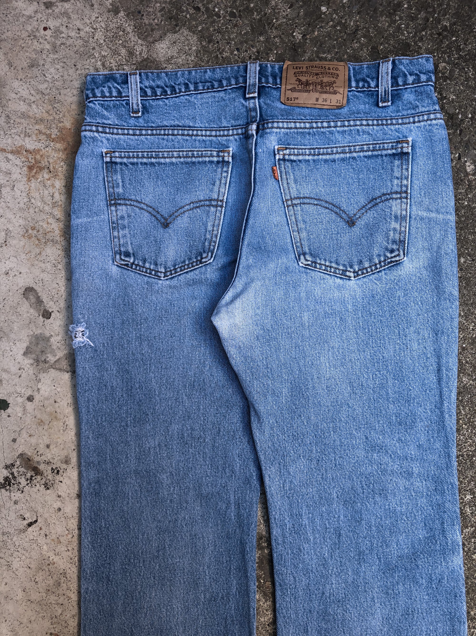 1990s Orange Tab Levis Repaired Blue 517 Released Hem (34X30)