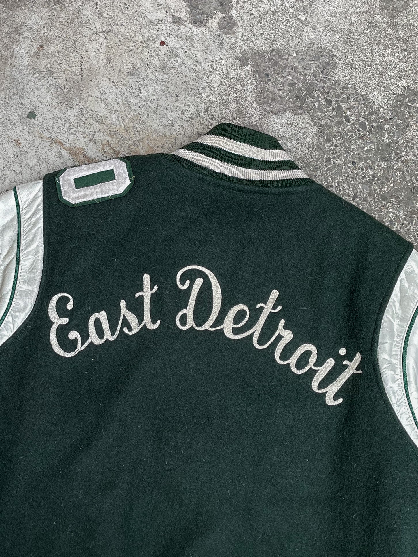 1990s “East Detroit” Forest Green Chain Stitched Leather Varsity Jacket (S/M)