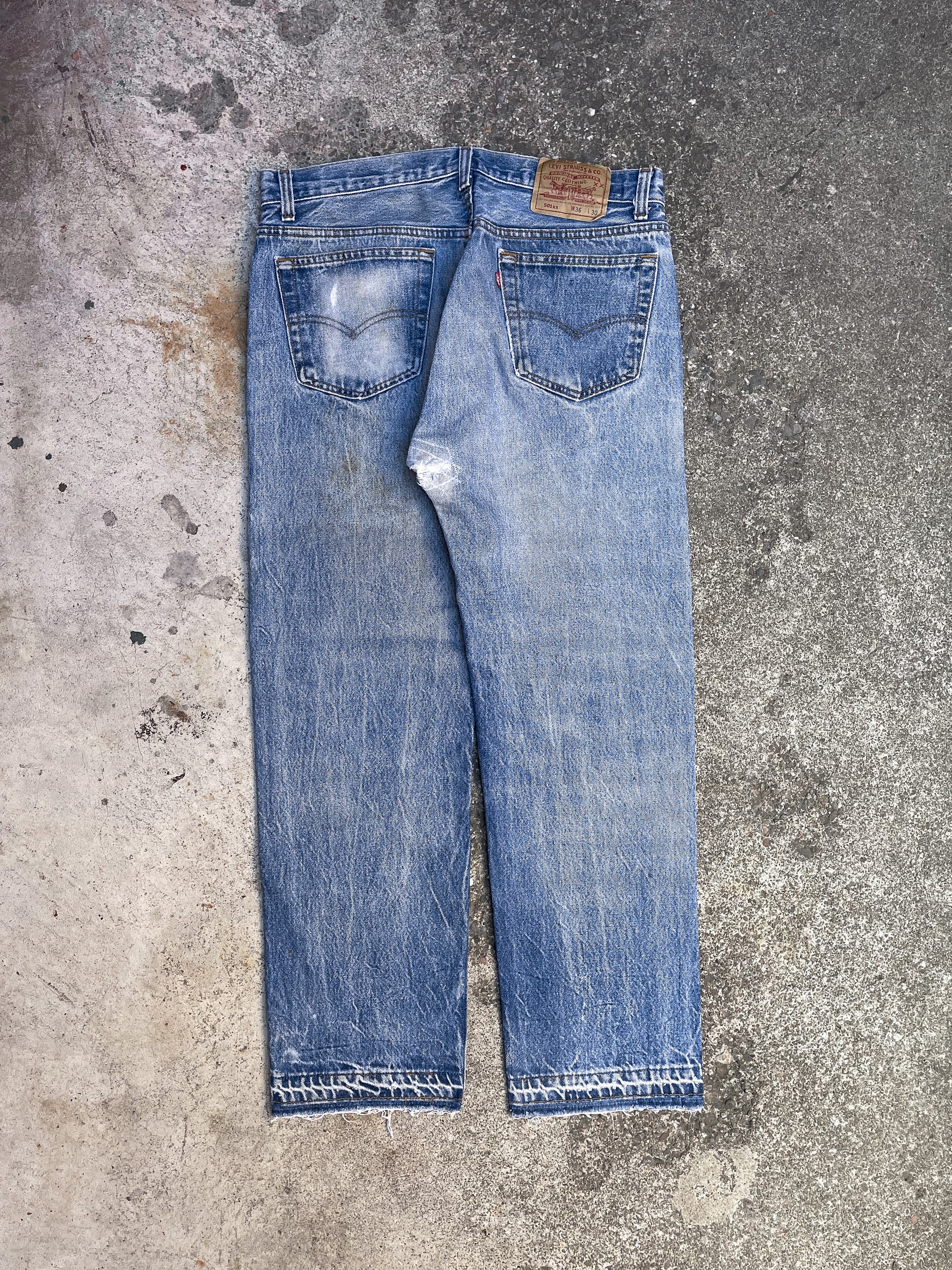 1990s Levi’s Repaired Faded Blue 501xx Released Hem (33X27)