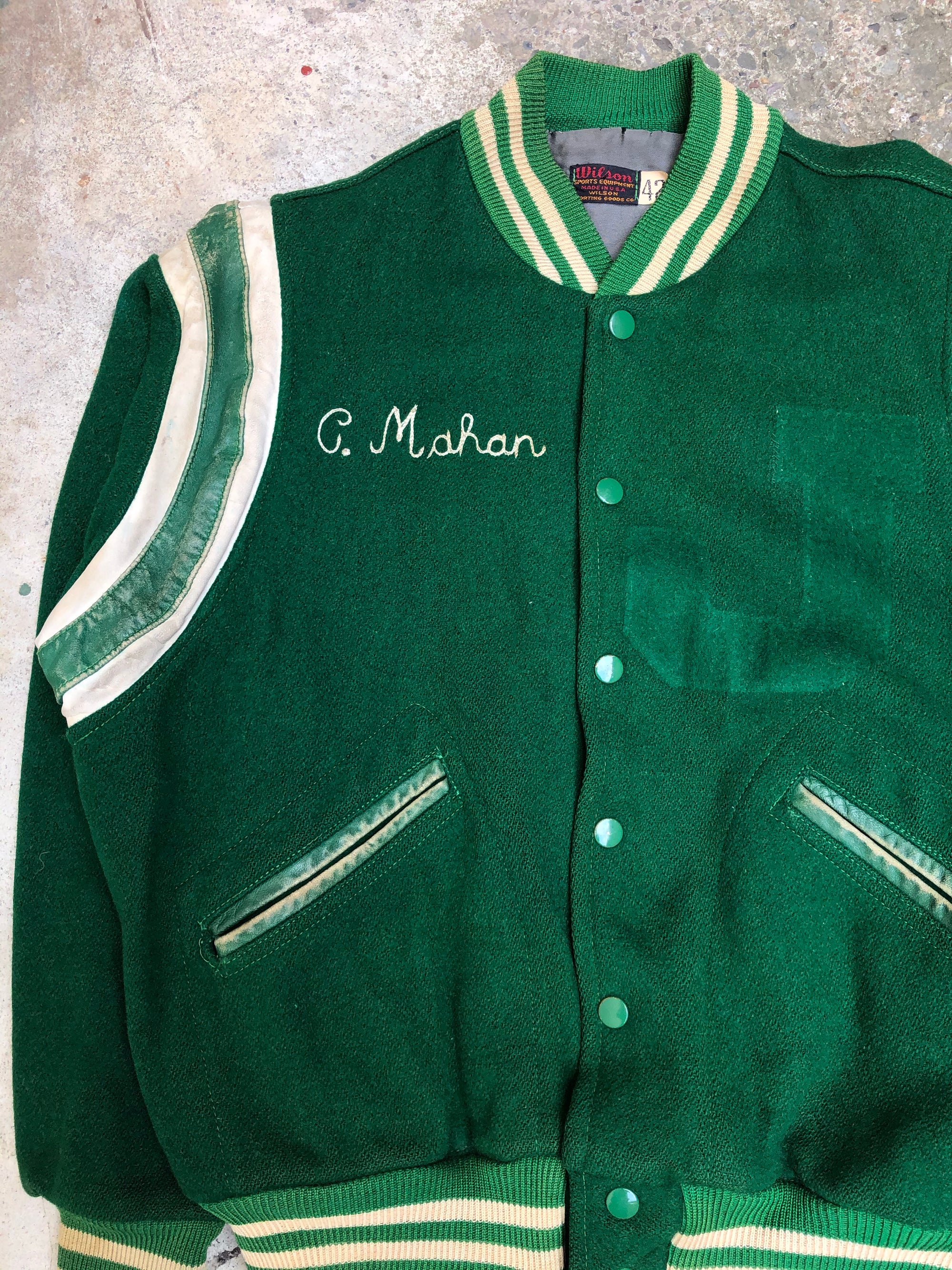 1960s Wilson Chain Stitch Green Wool Varsity Jacket