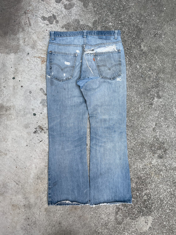 1970s Orange Tab Levis Patch Repaired Faded Blue 517 Talon Zip (32X27)