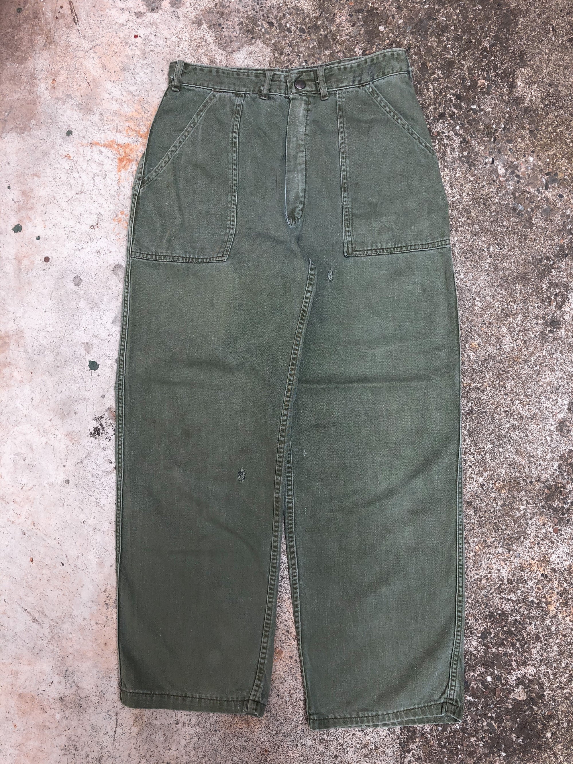 1960s Talon Zip Repaired Faded OG 107 Military Pants (28X27)