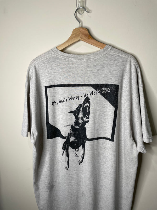 1990s “Oh, Don’t Worry … He Won’t Bite” Distressed Hanes Beefy Tee (XL)