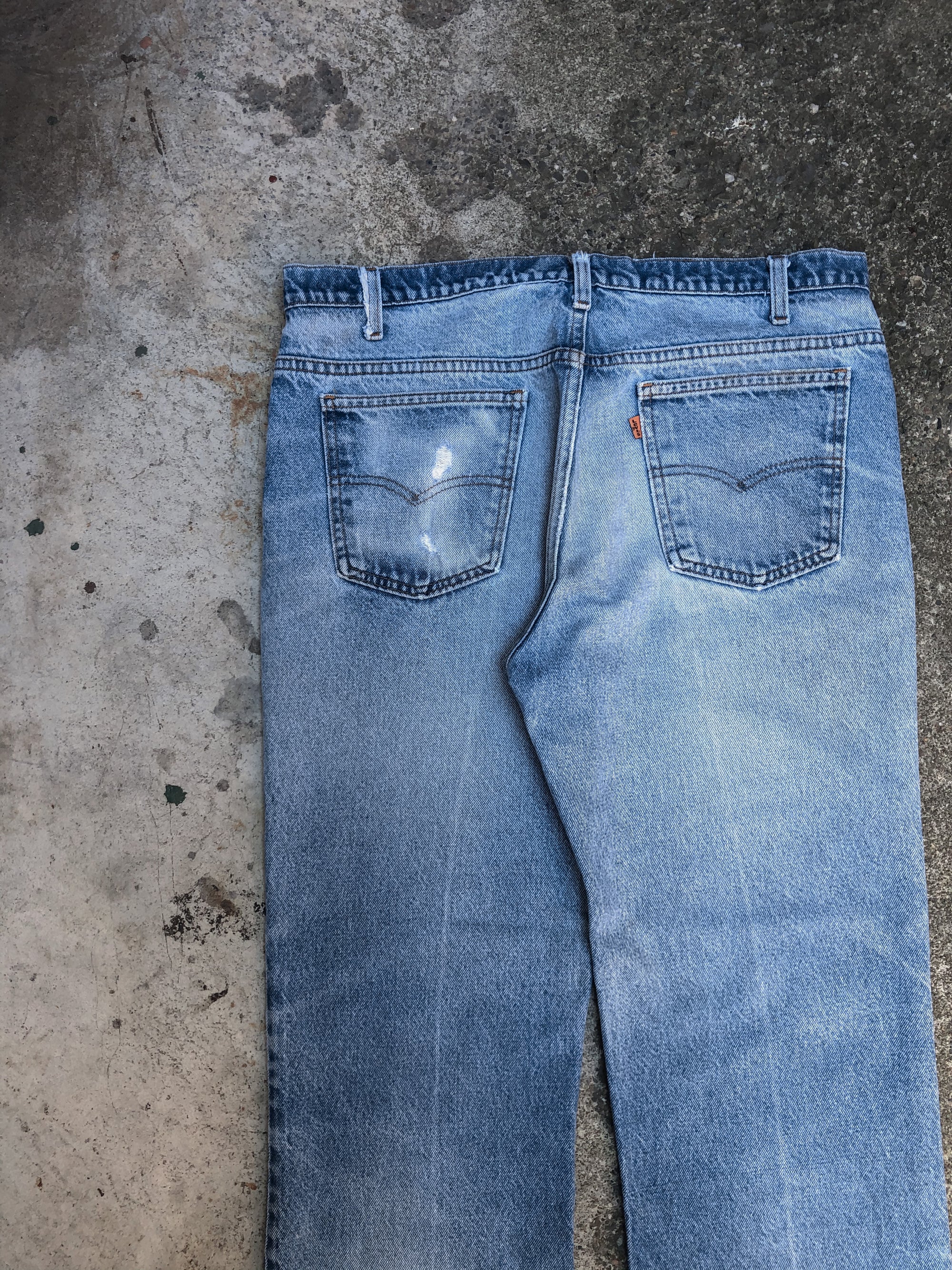 1980s Orange Tab Levis Distressed Blue 517 Released Hem Talon Zip (36X27)