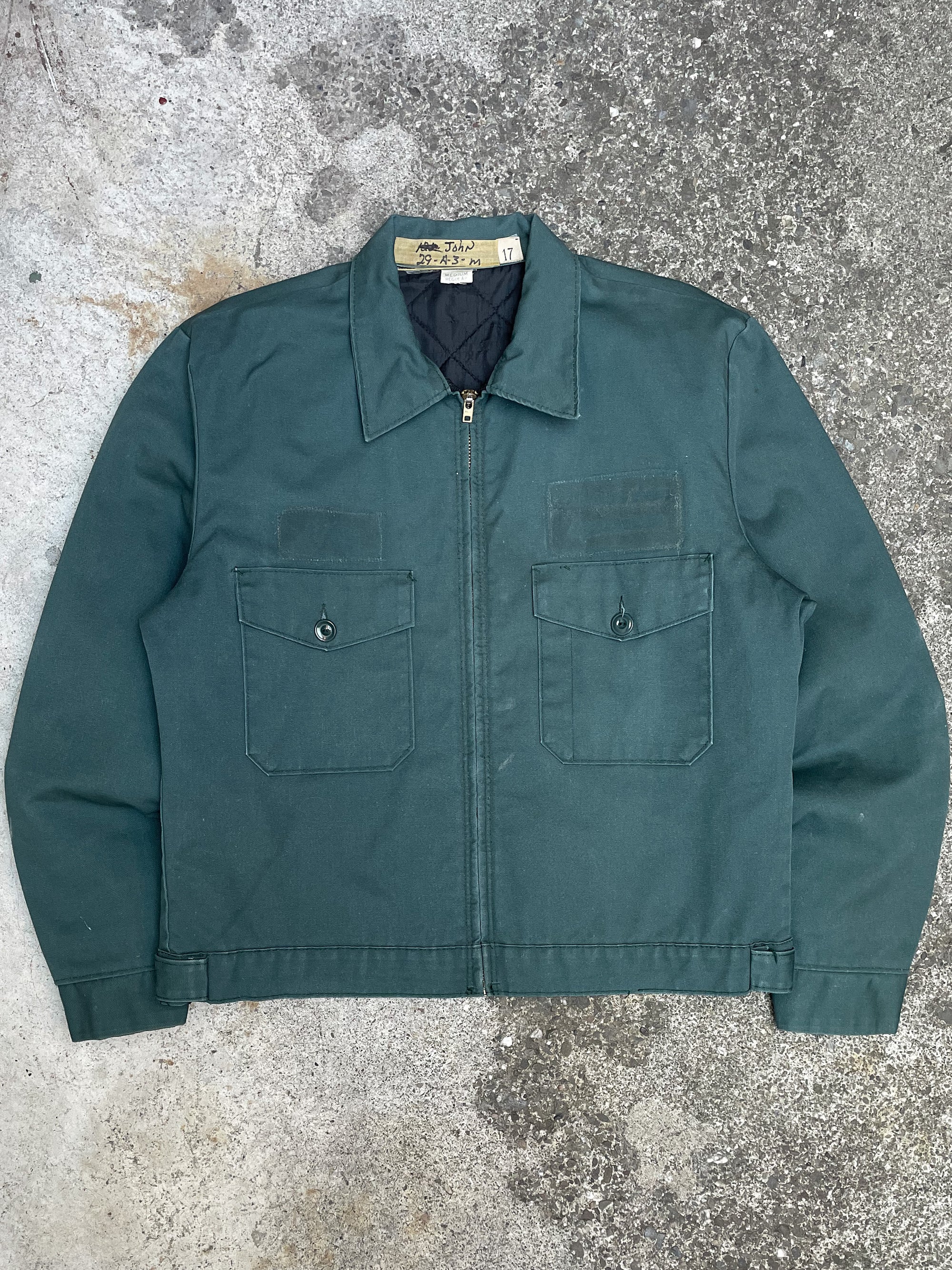 1970s Faded Green Quilted Liner Work Jacket Talon Zip (S/M)