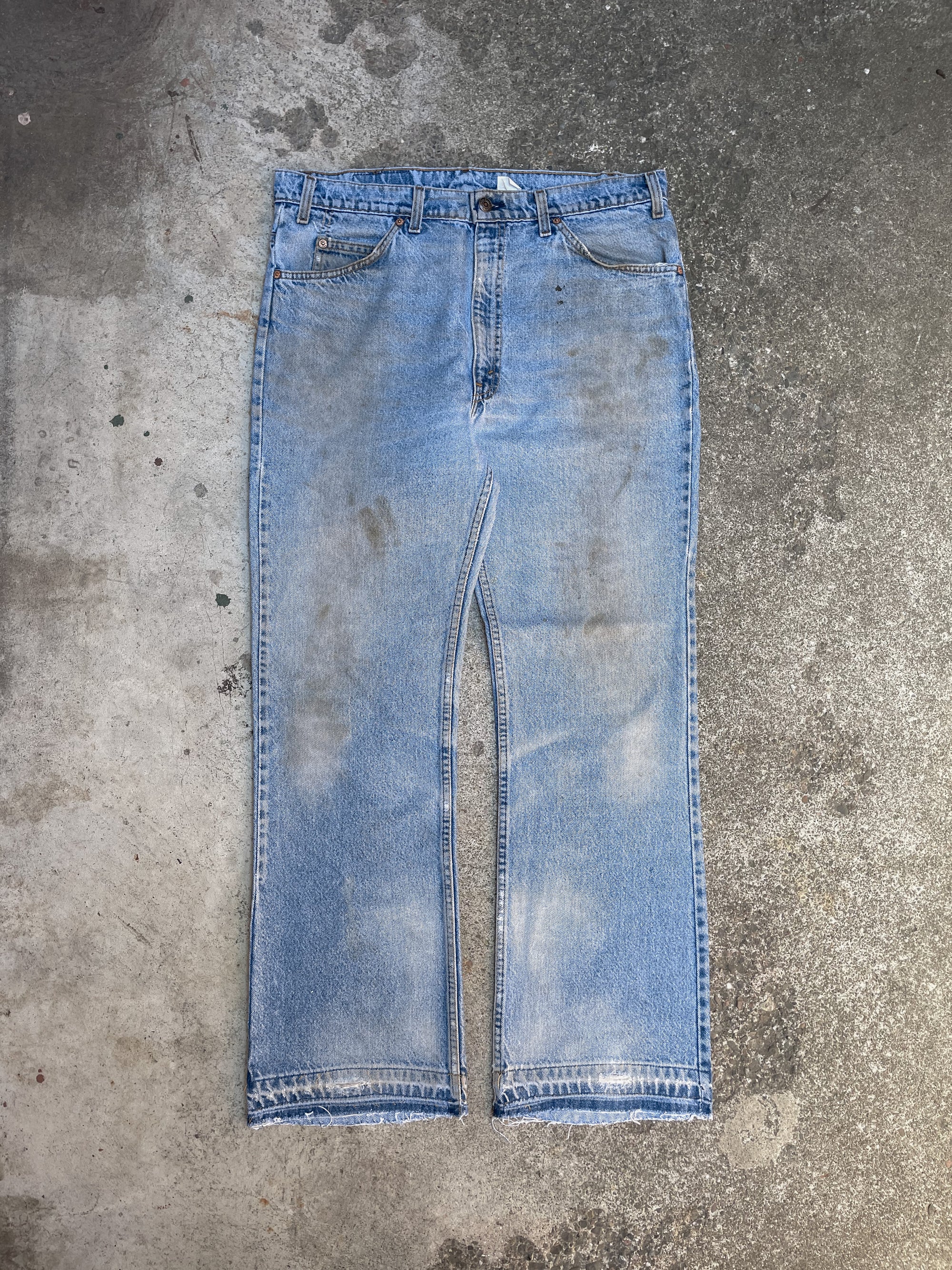 1990s Orange Tab Levis Dirty Faded Blue 517 Released Hem (36X30)