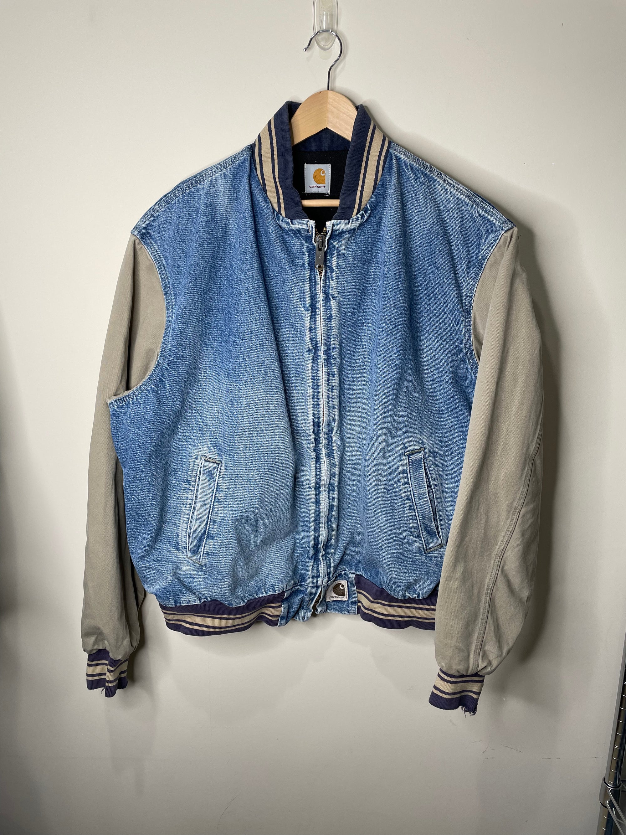 1990s Carhartt Faded Denim Varsity Jacket (XXL)