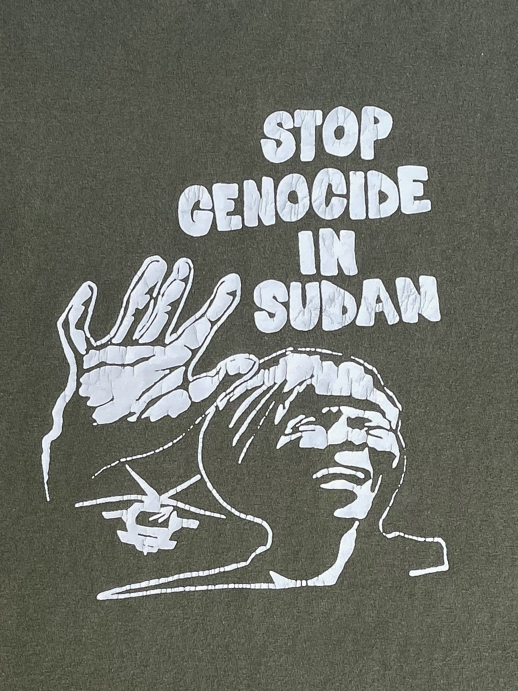 Vintage Faded Olive Green “Stop Genocide in Sudan” Tee