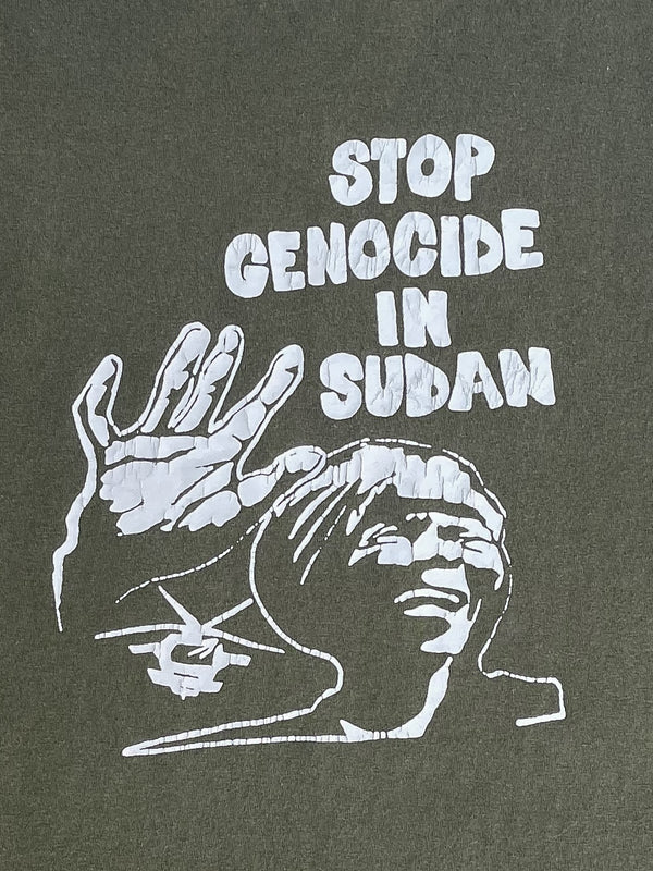 Vintage Faded Olive Green “Stop Genocide in Sudan” Tee