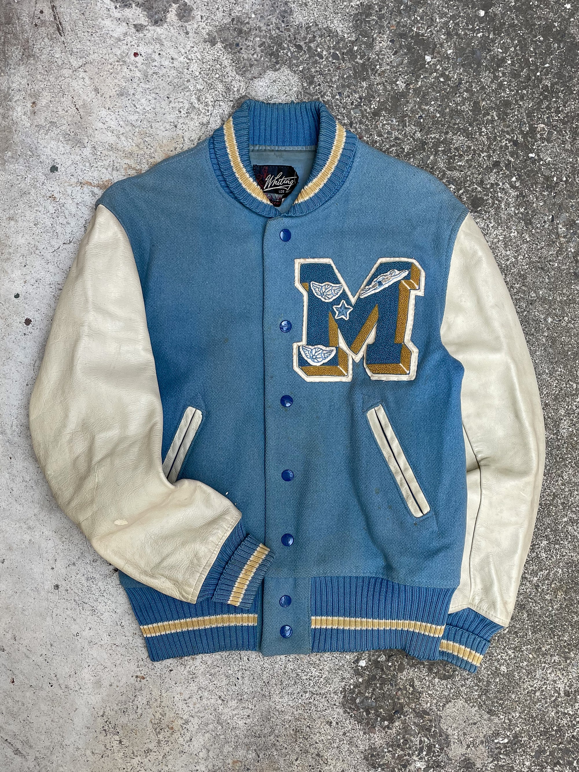 1970s “M” Faded Light Blue Varsity Letterman Jacket (S)