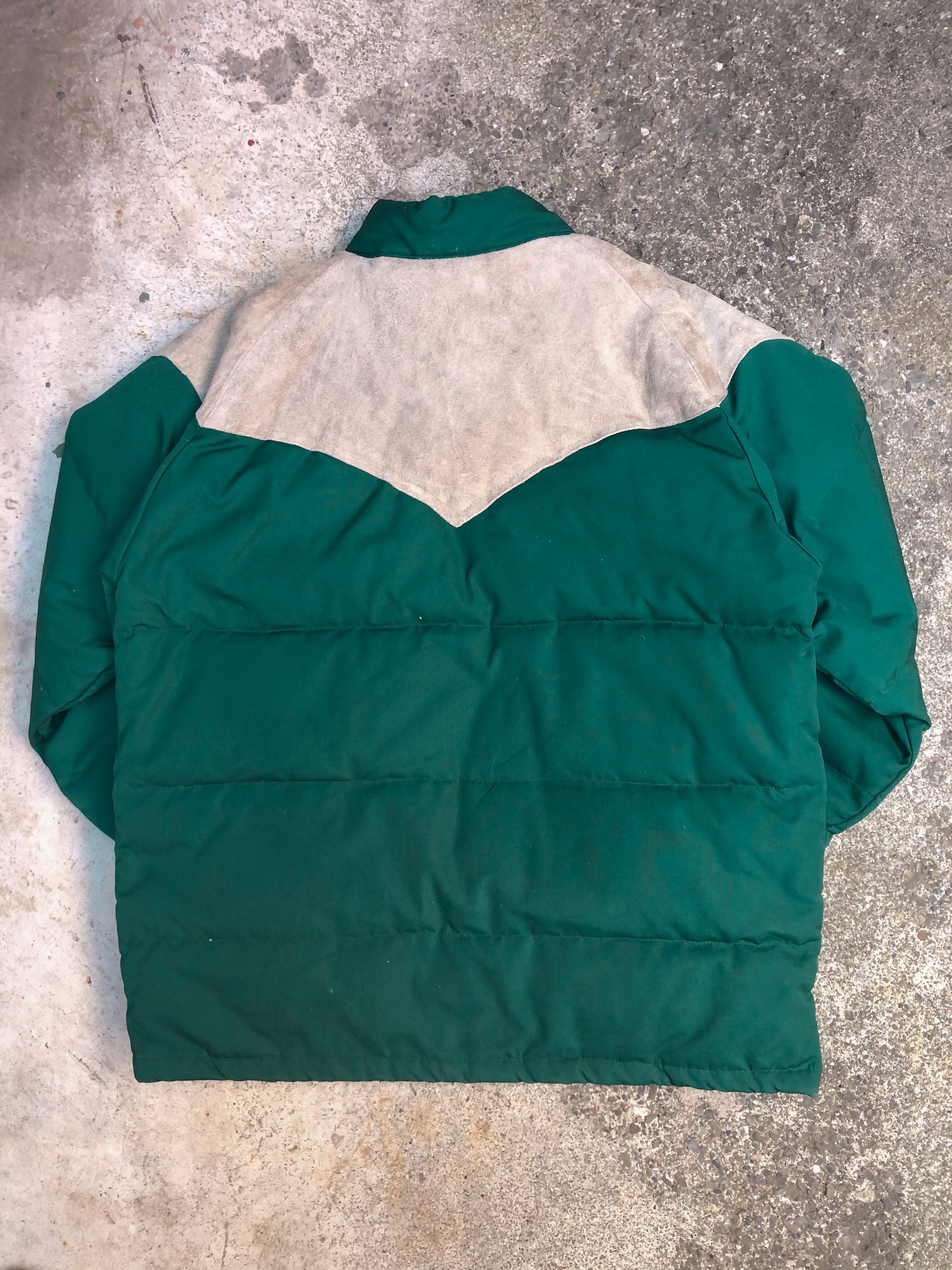 1970s Green Suede Duck Down Puffer Jacket