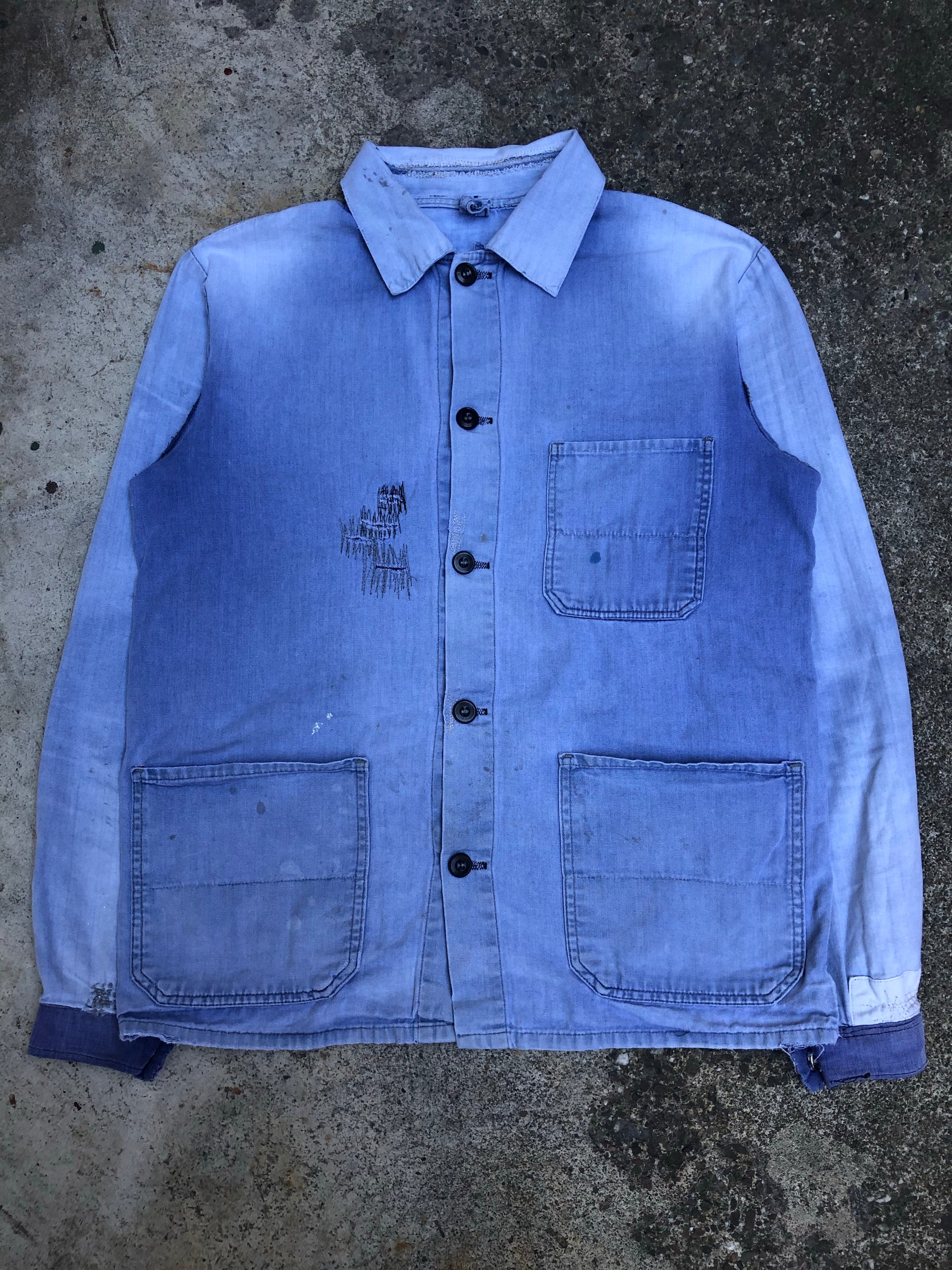 1960s Sun Faded Blue Repaired French Chore Jacket