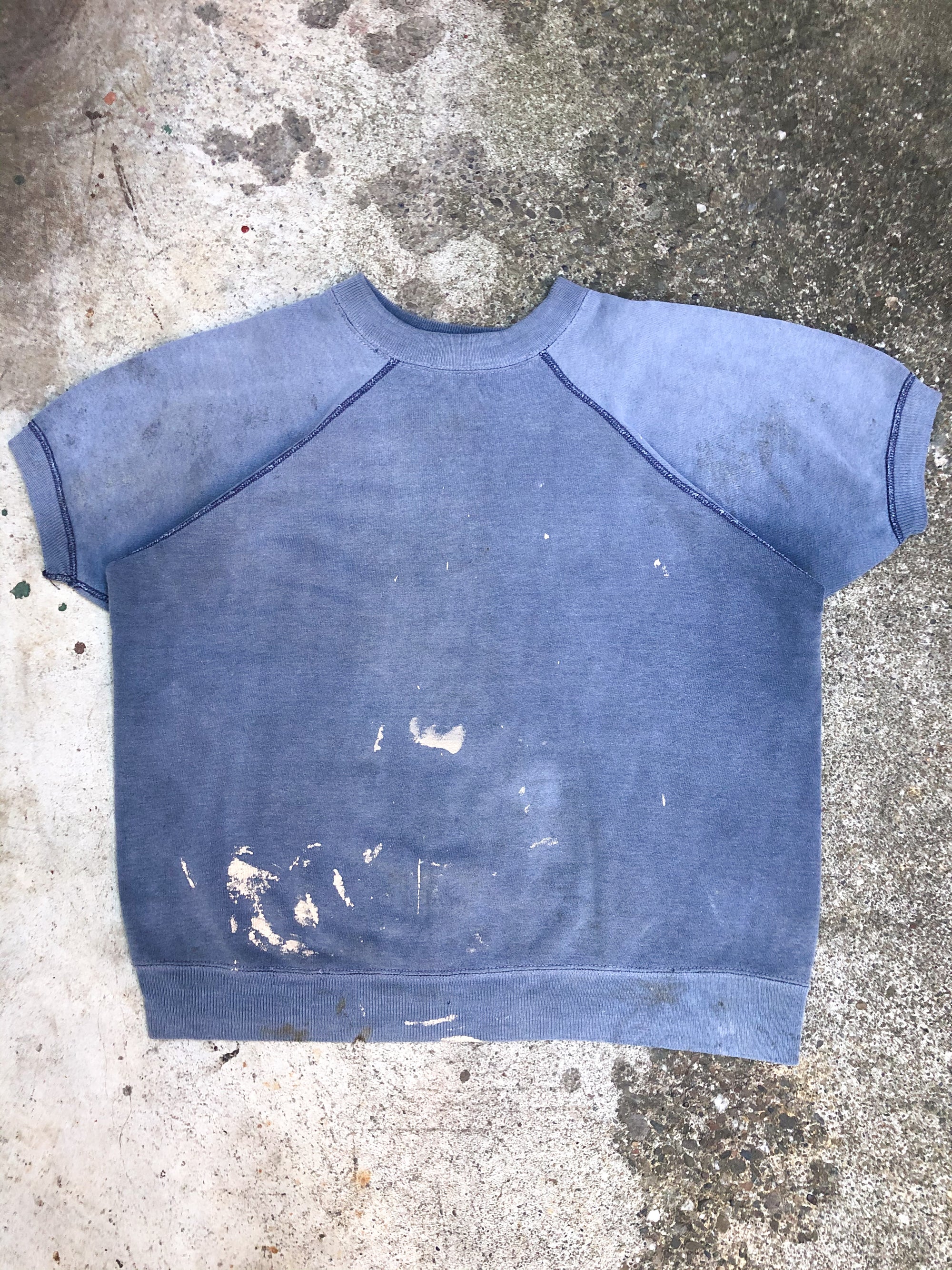 1960s Sun Faded Painted Blue Blank Raglan Short Sleeve Sweatshirt