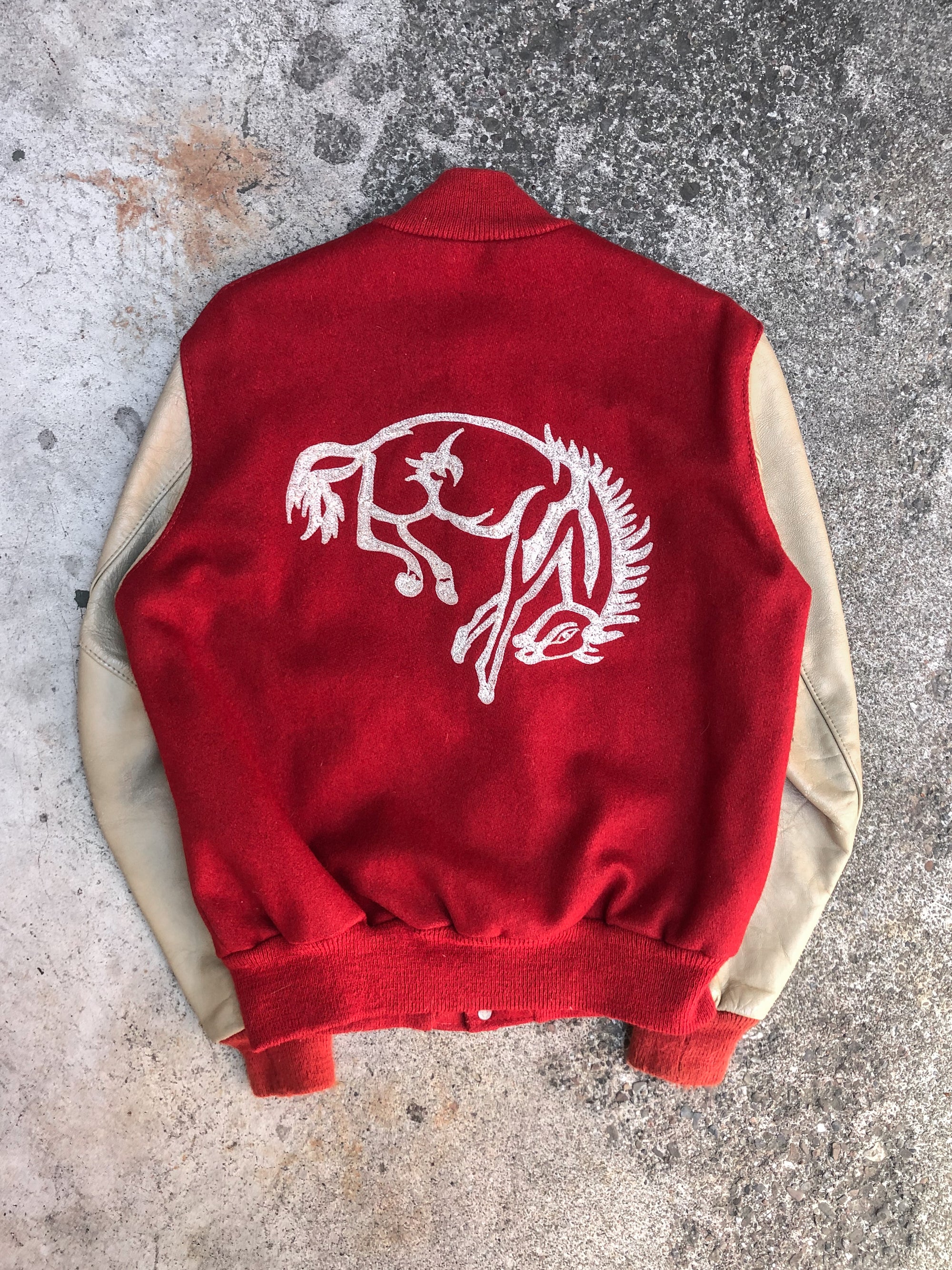 1980s Faded Red “Bronco” Chain Stitched Varsity Letterman Jacket